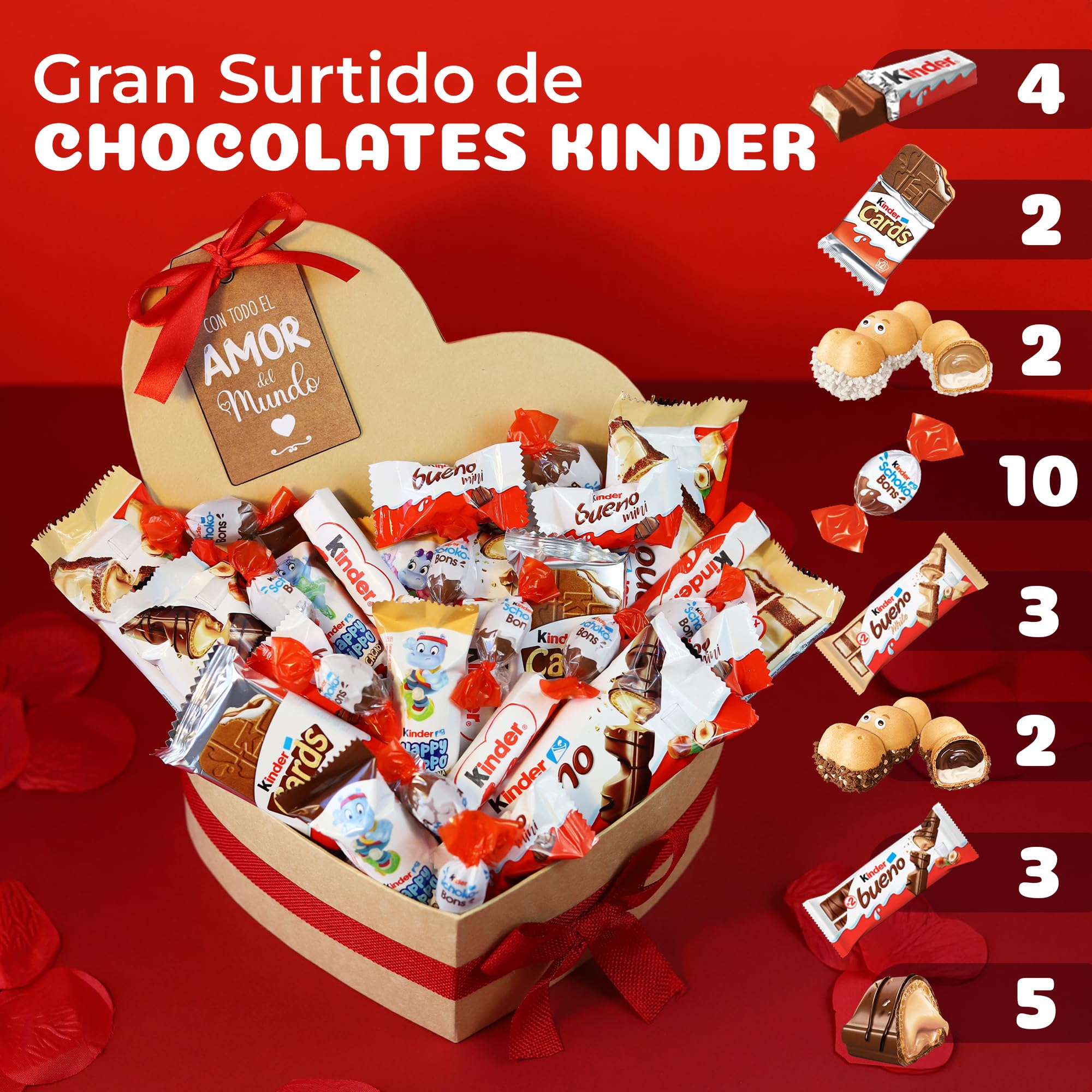 Onza Corazón San Valentín de Chocolates Kinder Bueno para regalar - Caja Chocolates originales con Kinder Bueno Mini, Schokobons, Happy Hippo, Kinder Bueno White - San valentin regalos mujer