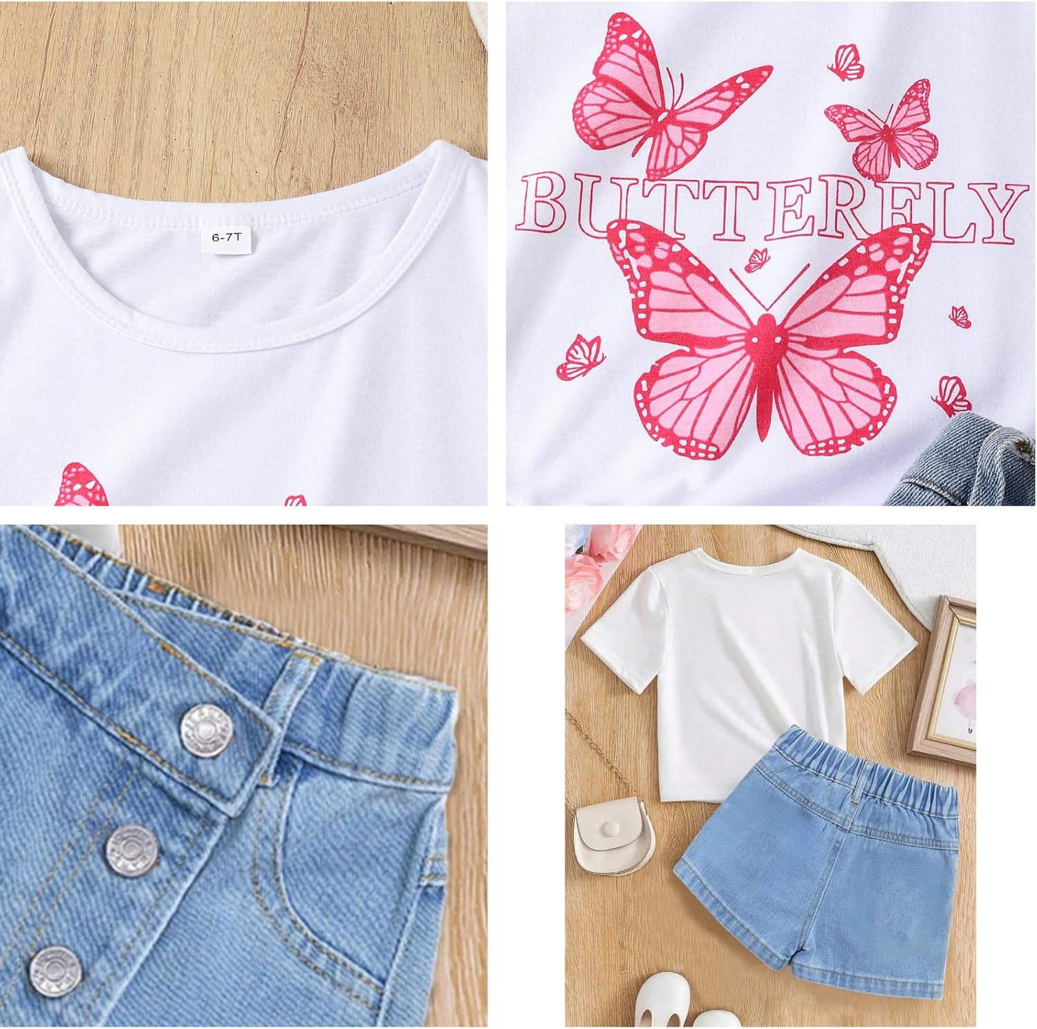 Girls Clothes 2PCS Butterfly Print Short Sleeve T-Shirt Denim Skirt Shorts Set Teen Tween Girls Summer Outfits Set