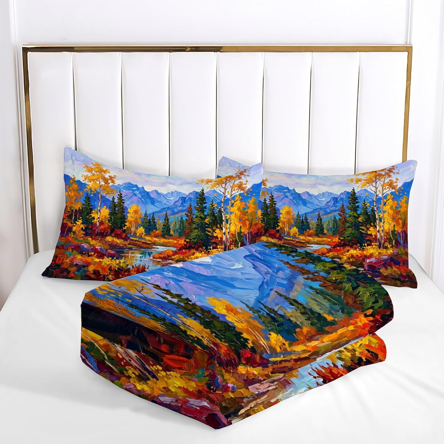 Oil Painting Landscape Comforter Set Twin Size, Autumn Forest Bedding Set for Girls Boys, Orange Color Quilt Bed 68"X90" Bedding Comforter Sets with 2 Pillowcase Room Decor