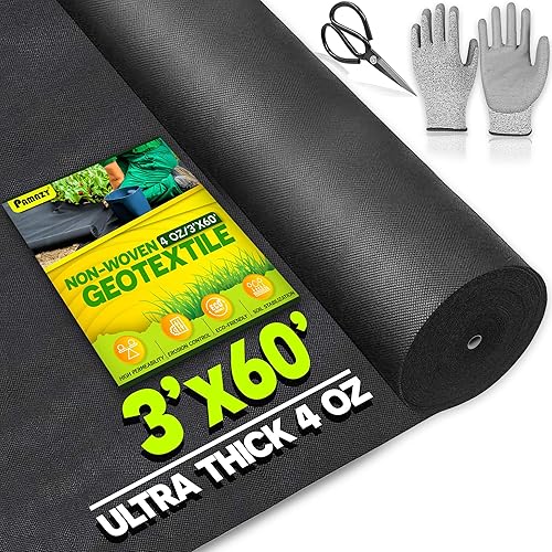 Premium Tela geotextil no tejida de 4 onzas, 3 pies x 60 pies (guantes y tijeras incluidos), tela de drenaje resistente para drenaje francés,