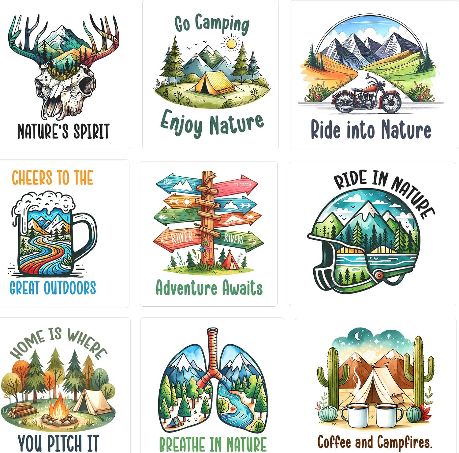 9pcs Adventure Camping Iron on Decals Heat Transfer for T-Shirts Vinyl Sticker Patches Washable Thermal Transfer Appliques DIY Craft Decor for Clothes Pillow Cover