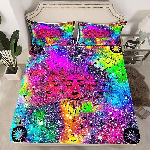 Erosebridal Sábanas bohemias de sol y luna, sábana bajera de 2 piezas con diseño de galaxia psicodélica, diseño de estrellas místicas psicodélicas,