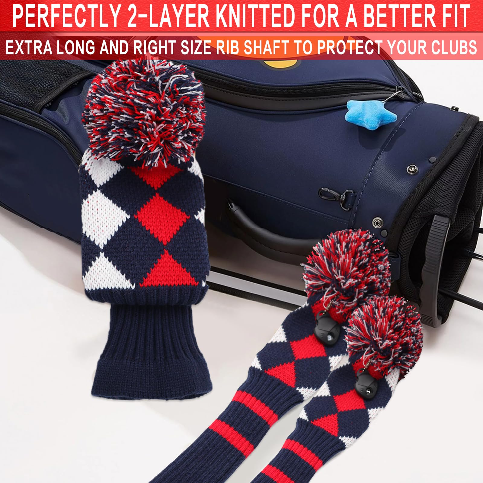 Golf Club Head Covers Knit for Woods Driver Fairway Hybrid Head Cover Knitted Pom Pom Stripes Pattern for Main Wood Clubs (Blue&Red-Driver-1 Pcs)