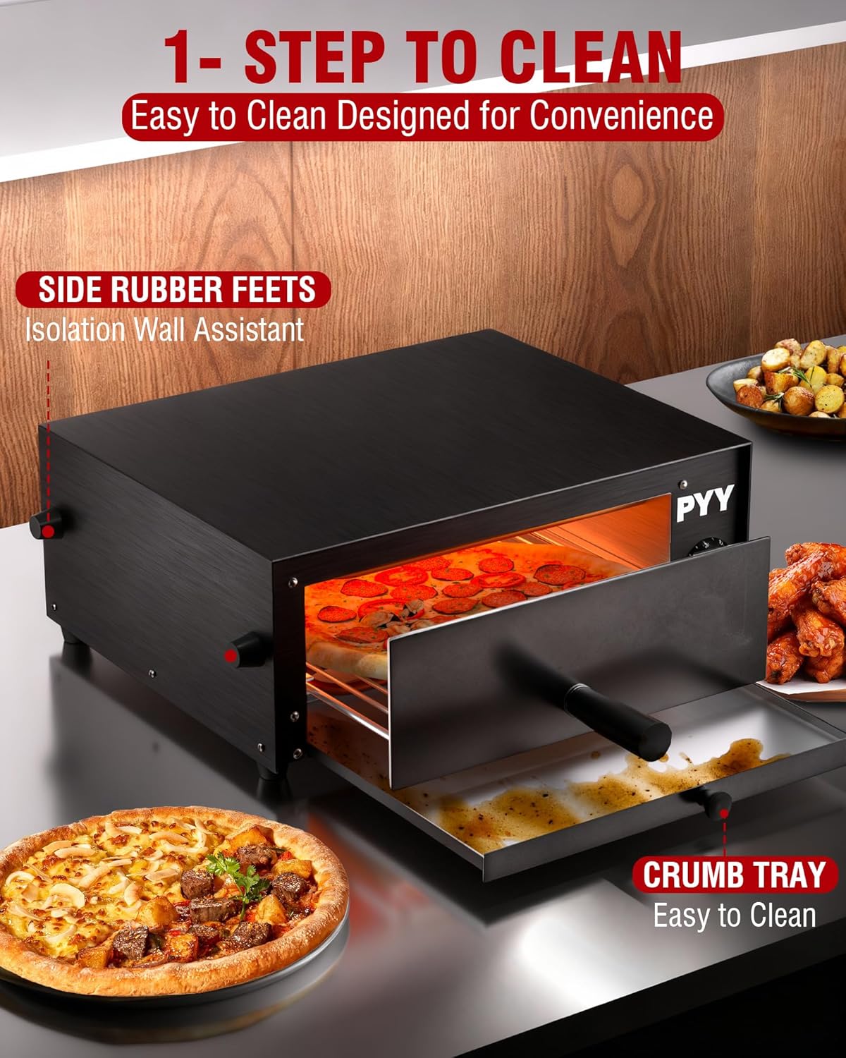 PYY Pizza Oven Electric - 12 Inch Pizza Oven Indoor Stainless Steel Commercial Professional Pizza Cooker Baker Countertop with Timer & Crumb Tray for Home 1100W, Black