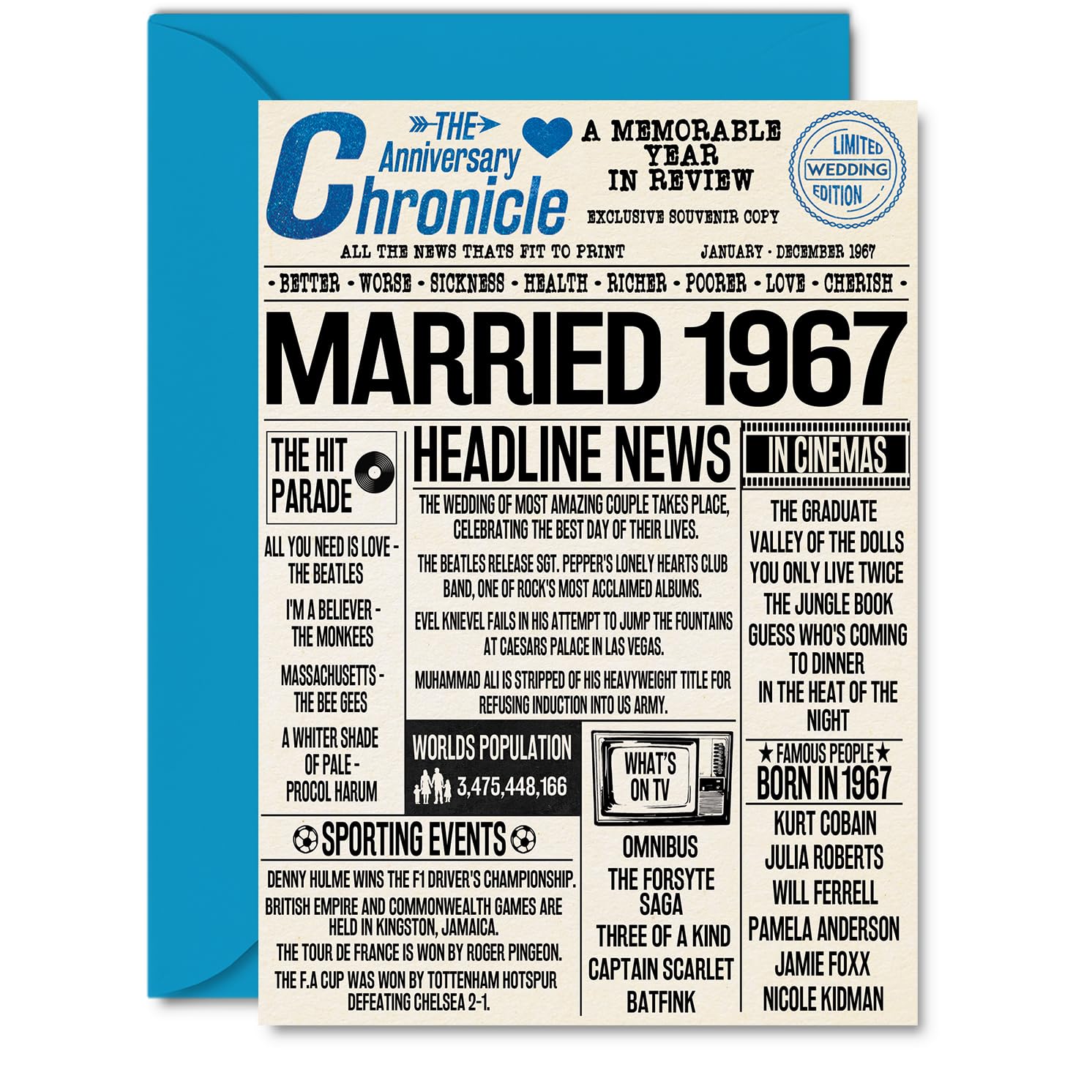59th Anniversary Cards for Men Women - Married 1967 Newspaper - 59 Wedding Anniversary Card for Husband Wife Dad Mum Aunt Uncle Vintage Retro 1967, A5 Greeting Cards