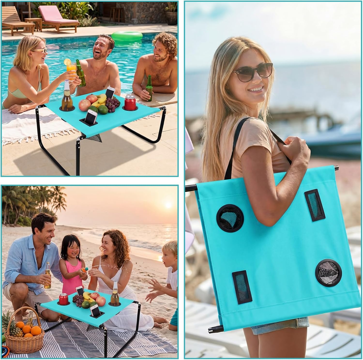 Portable Beach Table Foldable Camping Picnic Table with Cup Holder and Phone Pockets Lightweight Stable for Tailgate Travel Fishing Hiking and Outdoor Adventures(Lake Blue,Solid Pattern)