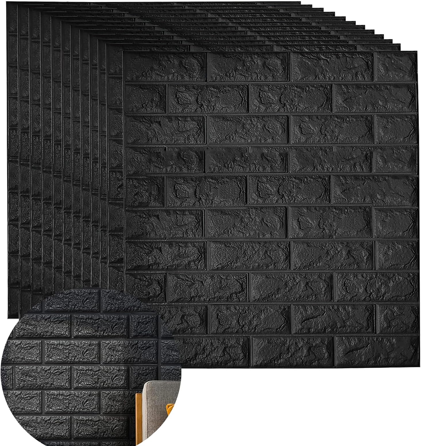 STAYOUNG 12 Pieces 3D Wall Panel - Self-Adhesive Wallpaper PE Foam Wall Stickers for walls, bedroom decoration, covering dirty wall(all black,13.5 Sq Ft)