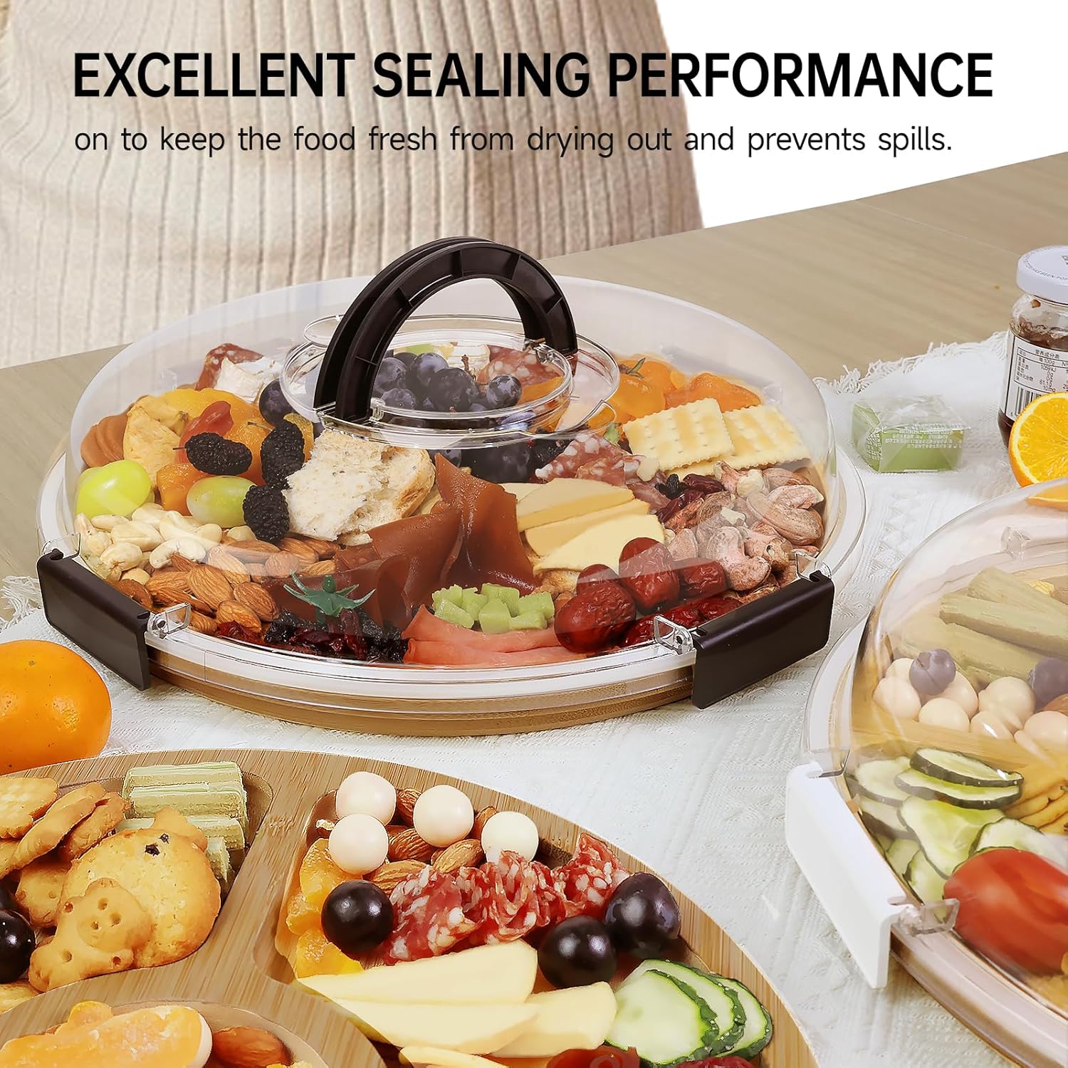 Round Charcuterie Board with Clear Lid, Travel Picnic Portable Cheese Board Charcuterie Boxes, Meat Fruit Serving Tray Platter, House Warming Gifts New Home, Gifts for Women - Image 4
