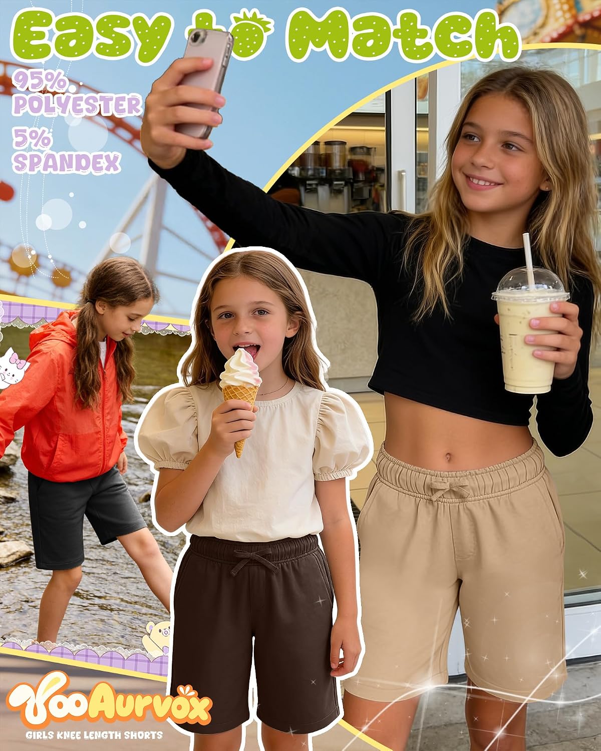 3 Pack Girls' Bermuda Shorts Elastic Waistband Athletic Long Shorts Kids Knee Length Summer SweatShorts 5-14 Y