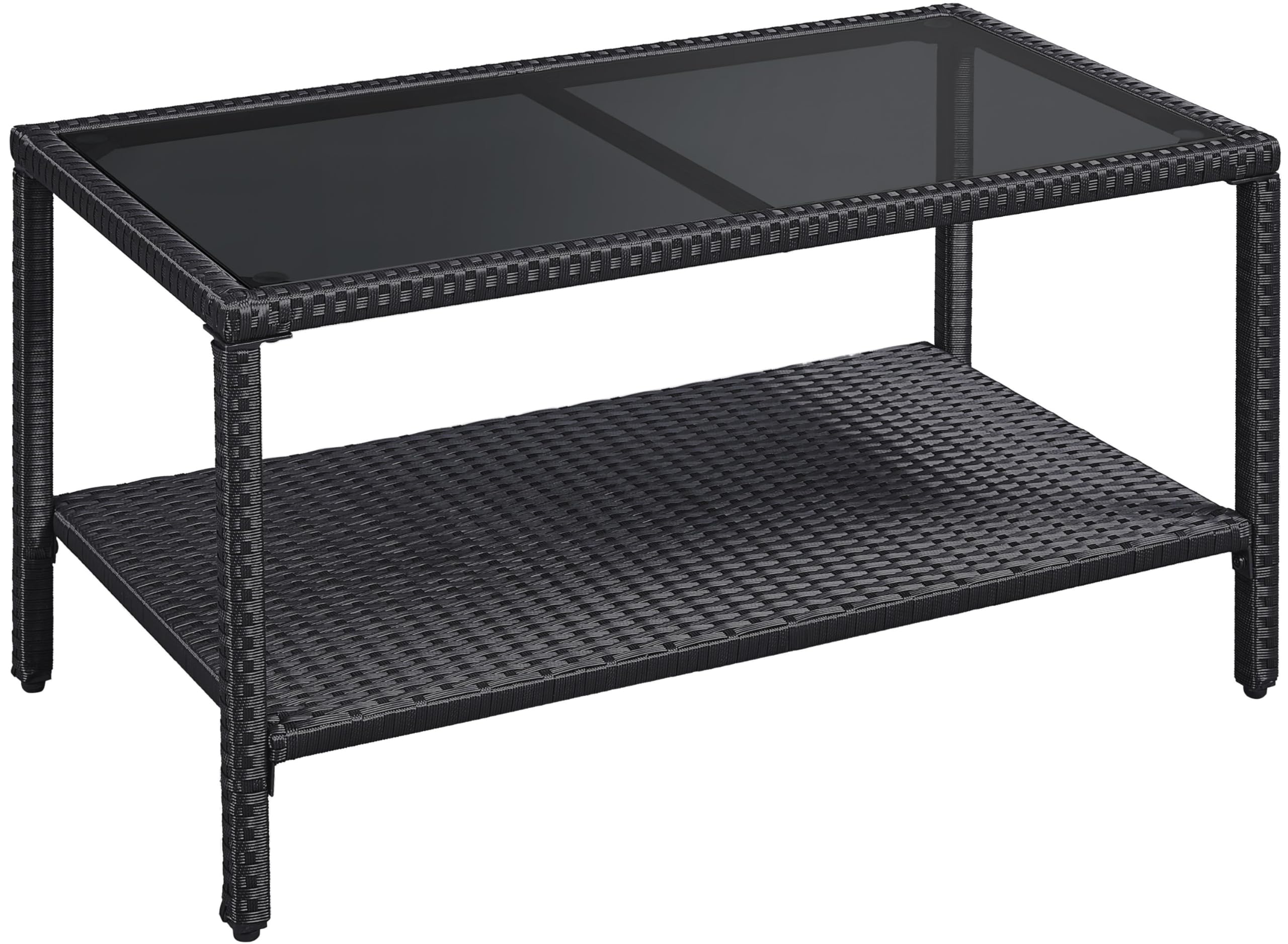 Abician Table Basse de Jardin Table Basse Résine Tressée avec Plateau en Verre Trempé Étagère de Rangement Table d’extérieur pour Patio Terrasse Salon Style Rotin Gris