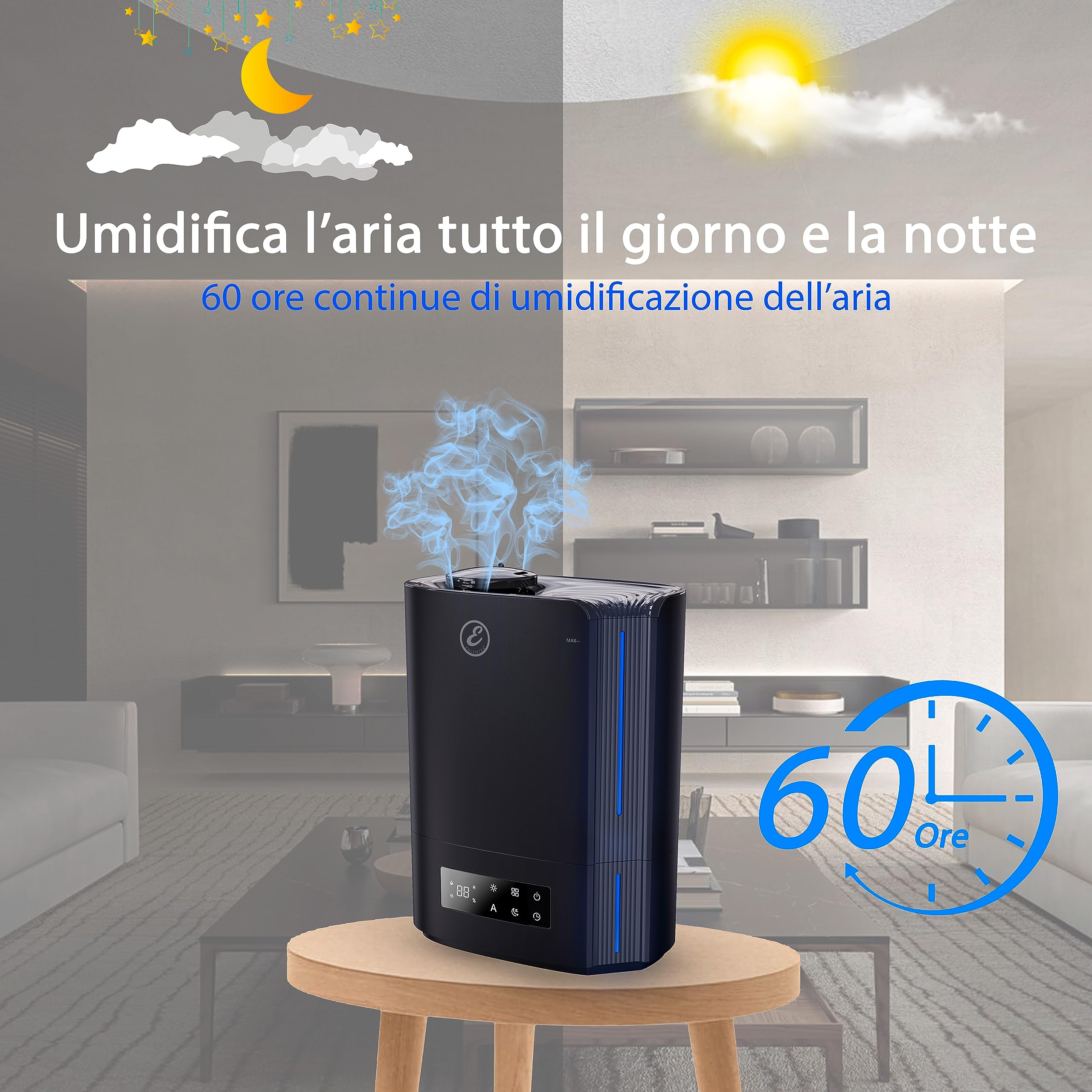 Umidificatore 6 Litri Casa Ambiente A Ultrasuoni Temperatura Costante Super Silenzioso Funzione Timer Autospegnimento 8 Modalità Di Utilizzo Con Luci LED Design Palpala Colore Nero