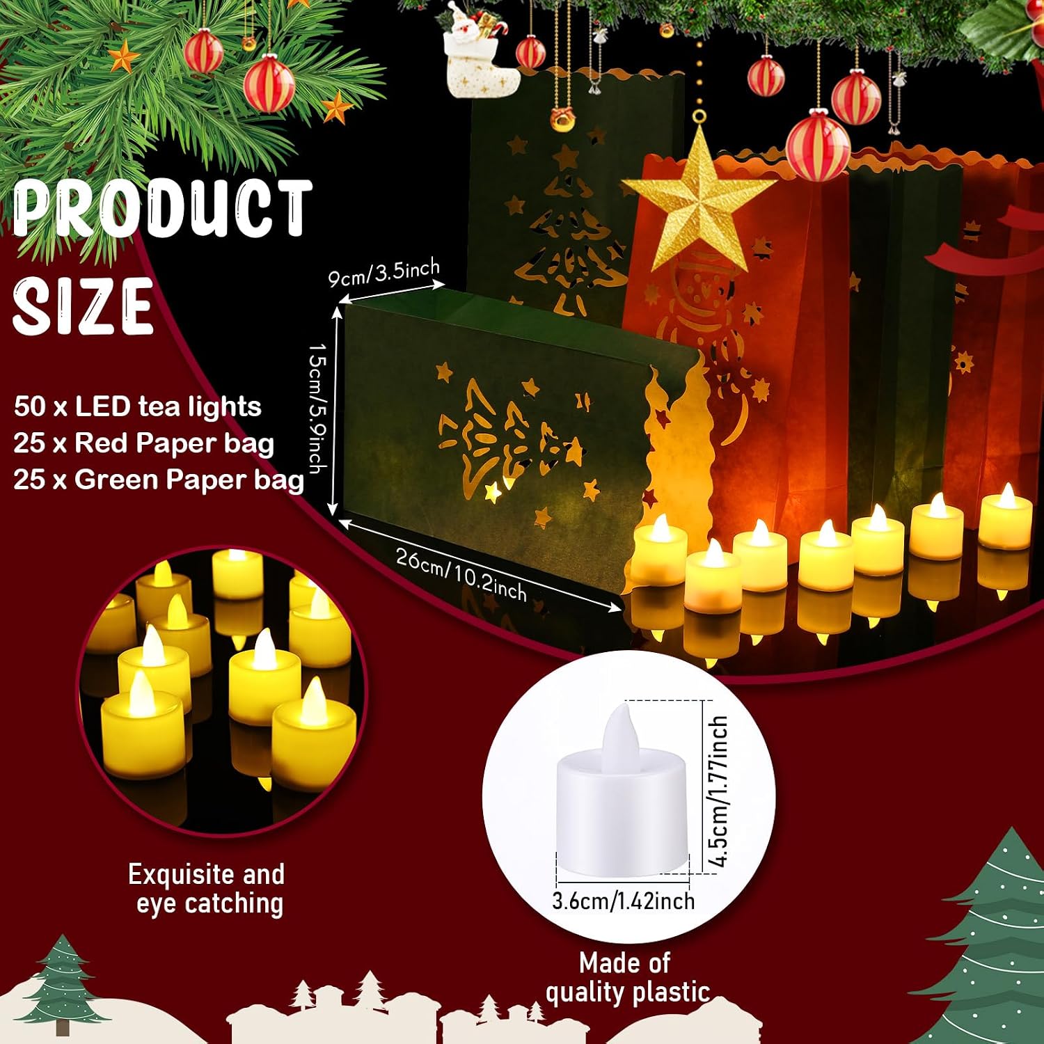 Sabary 50 Set Christmas Luminary Bags with Flameless Candles LED Tea Lights Paper Xmas Luminaries Bags Outdoor Red and Green with Tree, Snowman Design for Christmas Party(Snowman)