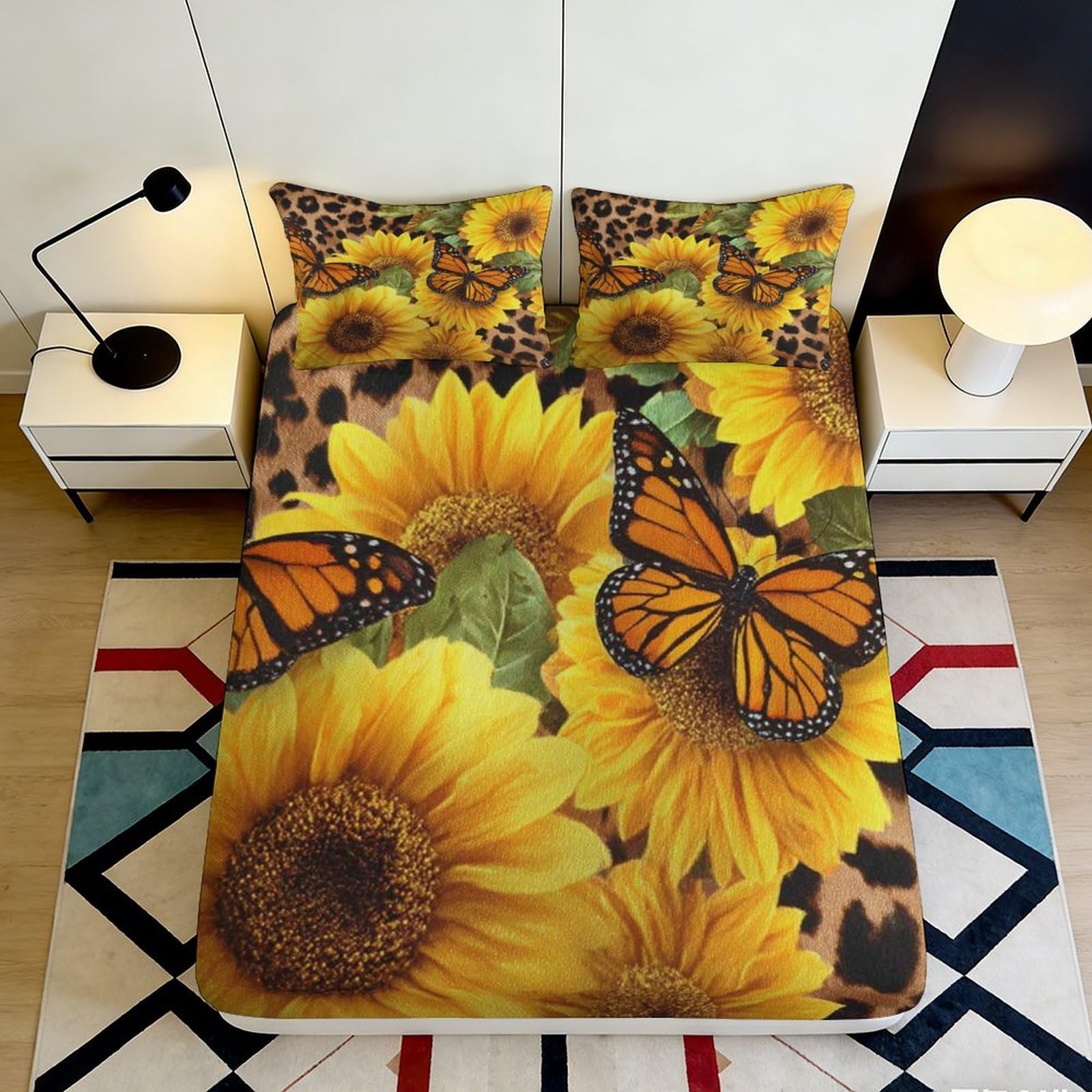Pnayamiorkfel Style-5 3D Printed Sunflower Butterfly Fitted Sheet Microfiber Decorative Bed Cover For Bedroom Guest Room Mattress Protection 90X200x25cm