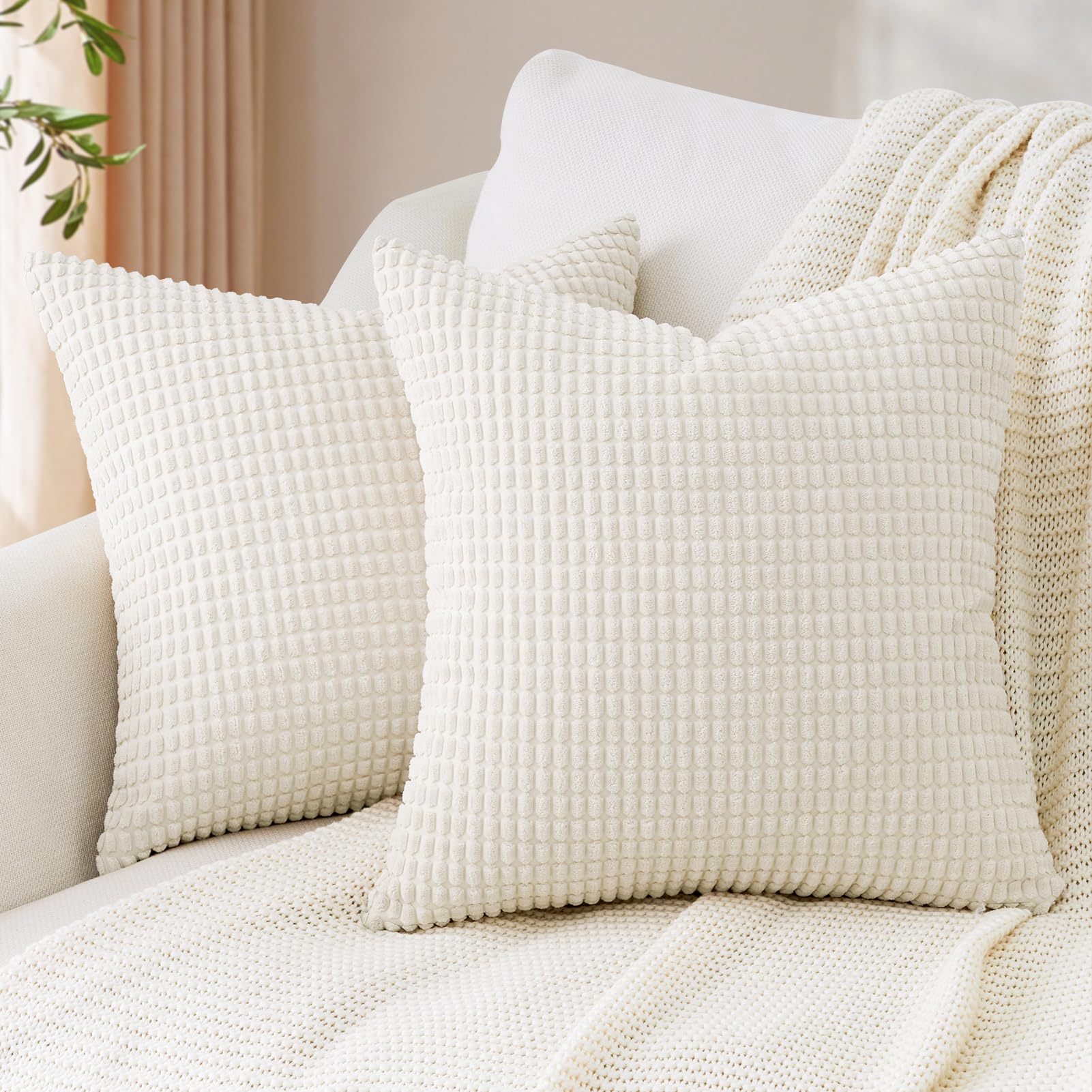 Copricuscini In Velluto A Coste 35x35 Cm - Set Di 2, Colore Crema Beige, Per Divano O Camera - Foto 11