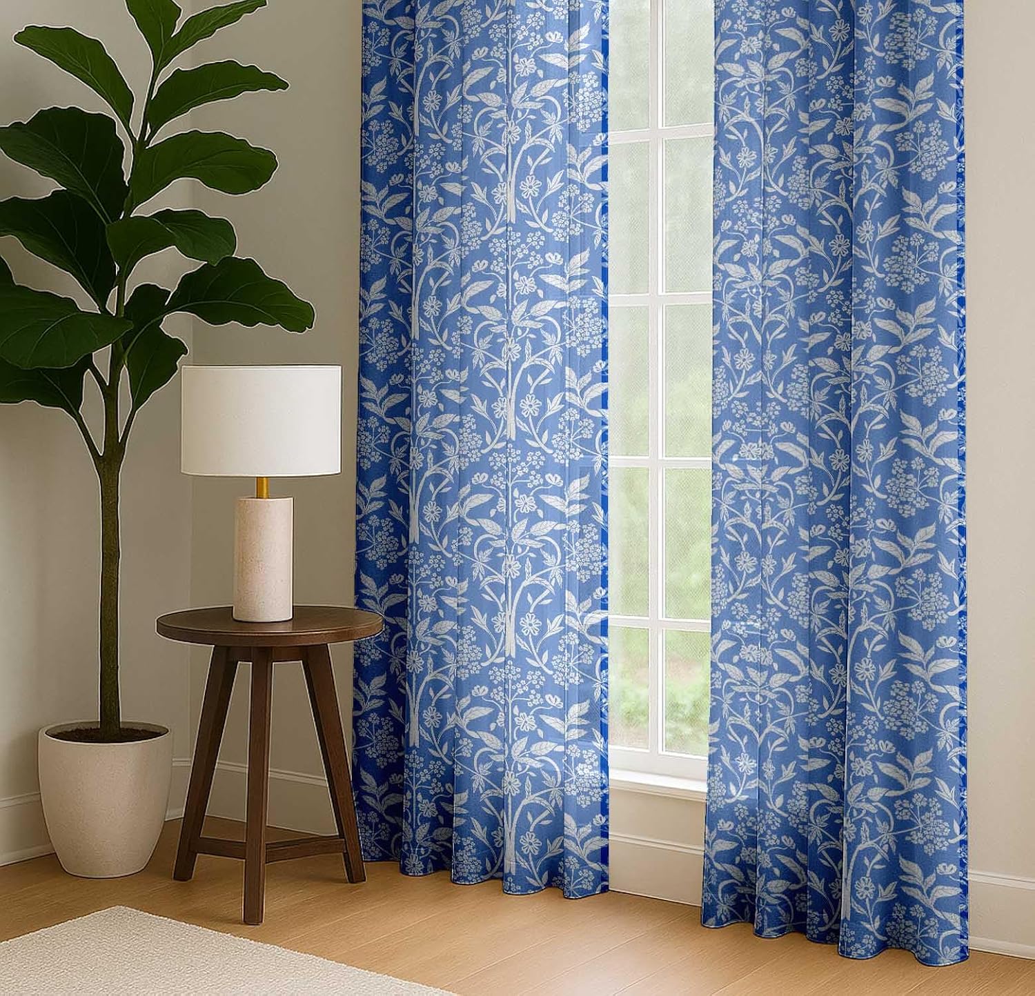 Cotton Curtains for Windows - 3-in-1 Rod Pocket/Back Tab Short Window Drapes - Light Filtering Cotton Canvas Panels - Set of 2, 52"x63" - Leaves Print (Blue)