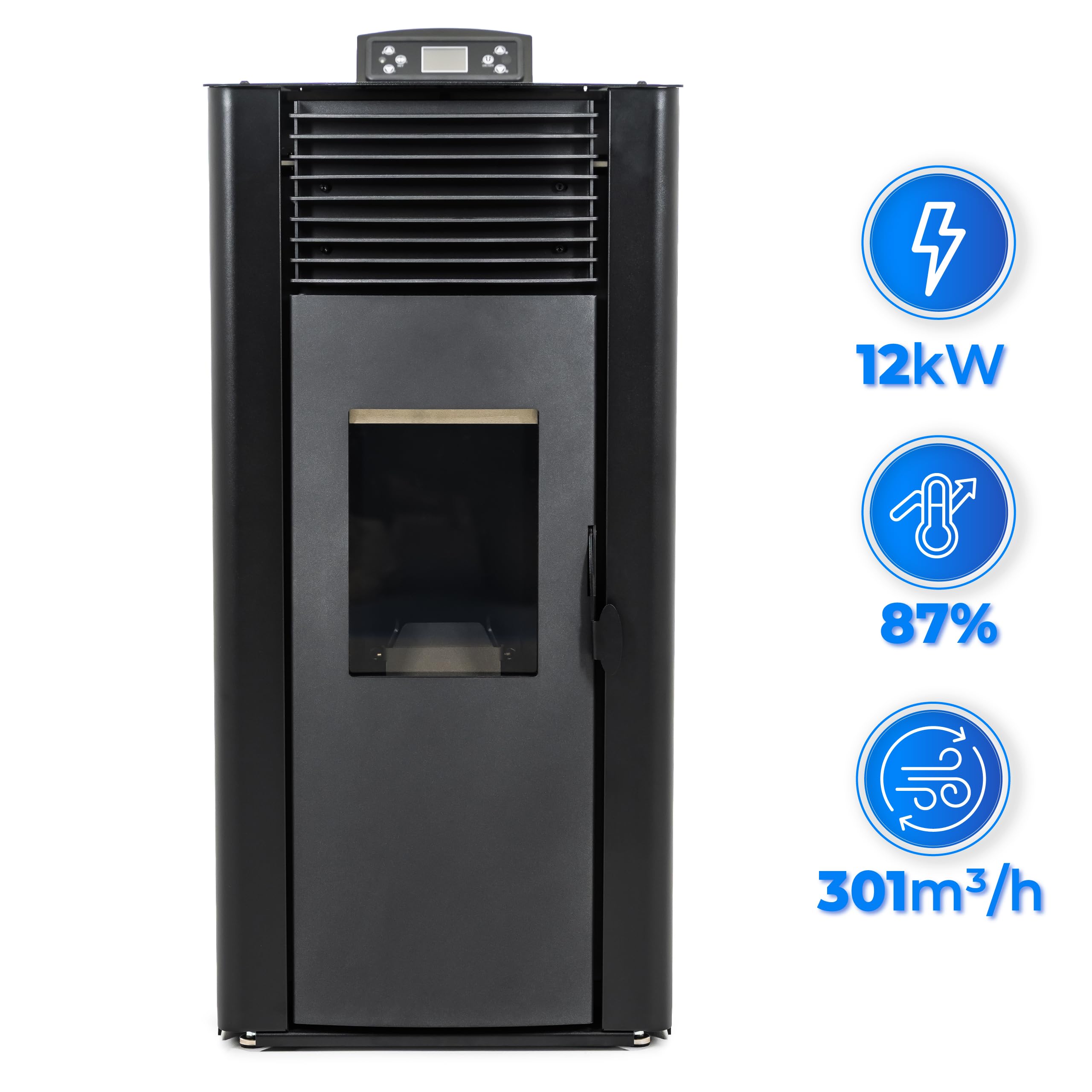 THUNDER Vayne Estufa de pellets 12 kW con intercambiador de Agua, Control WLAN, alimentación automática de pellets, A+, Negro o Rojo. (Vayne Negro 12KW)