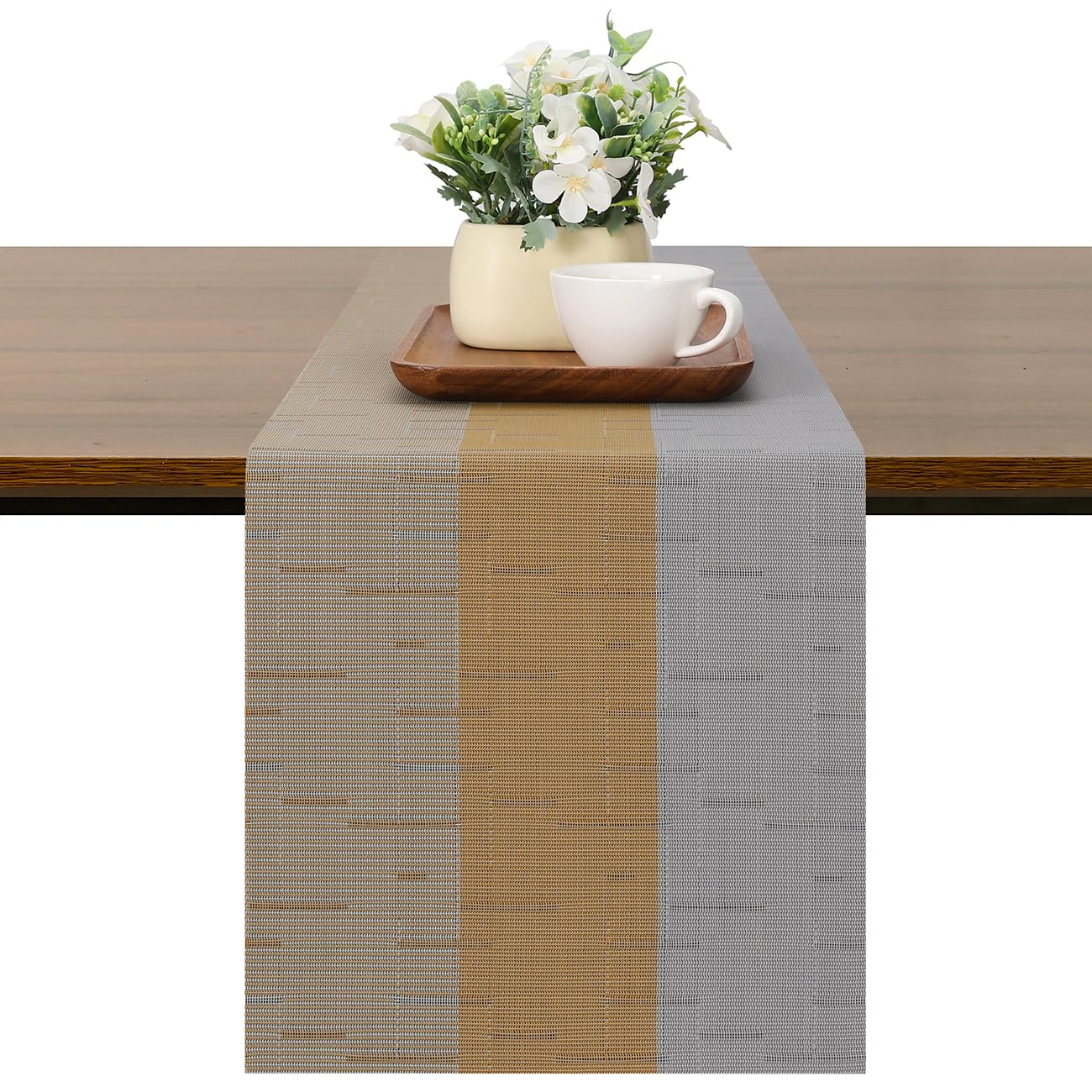 Chitomars Table Runner for Dining Table, Washable Vinyl Woven Table Runners for Farmhouse Decor Indoor Outdoor Birthday Weddings Party Home Coffee Table Decorations (Grey Light Brown, 30 x 225 cm)