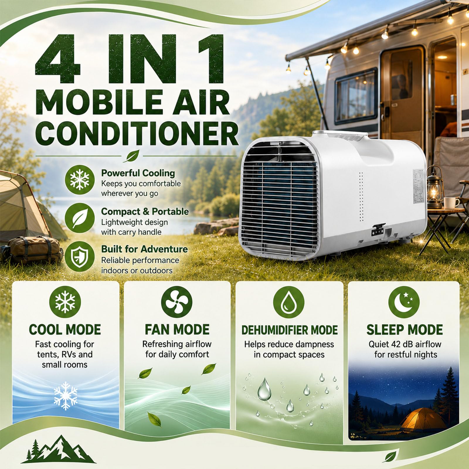 Condizionatore d'Aria Mobile, Condizionatore d'Aria Portatile per Camper per Esterni E Interni, Barbecue, Garage - unità di Climatizzazione da Campeggio 4 in 1 con Raffreddamento 1300W