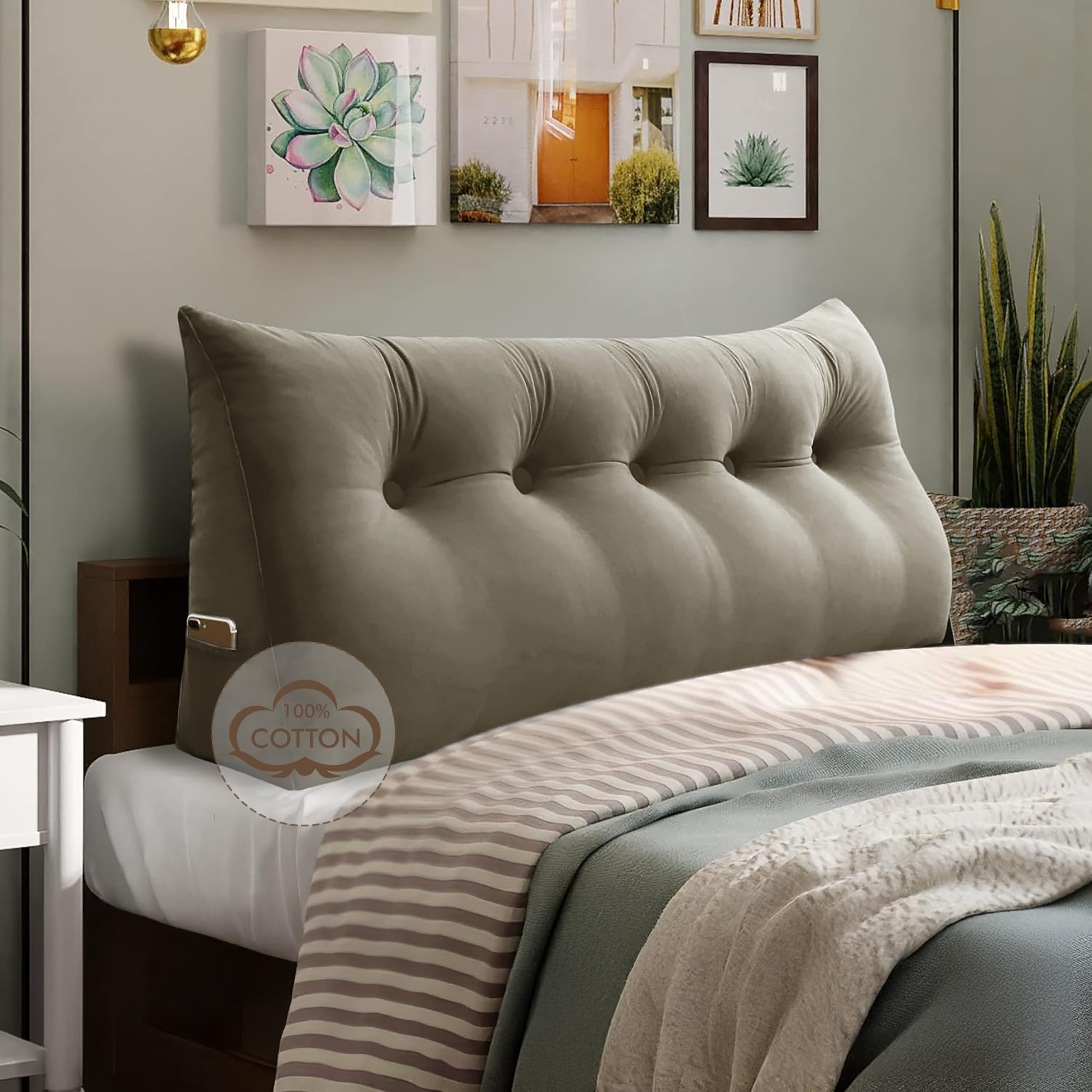 WOWMAX 100% Cotton Velvet Headboard Pillow – Queen Size Wedge Back Support Reading Bolster for Bed & Daybed, Handmade Firm Support Cushion with Removable Cover, Soft Luxury Bed Rest Pillow, Beige Gray