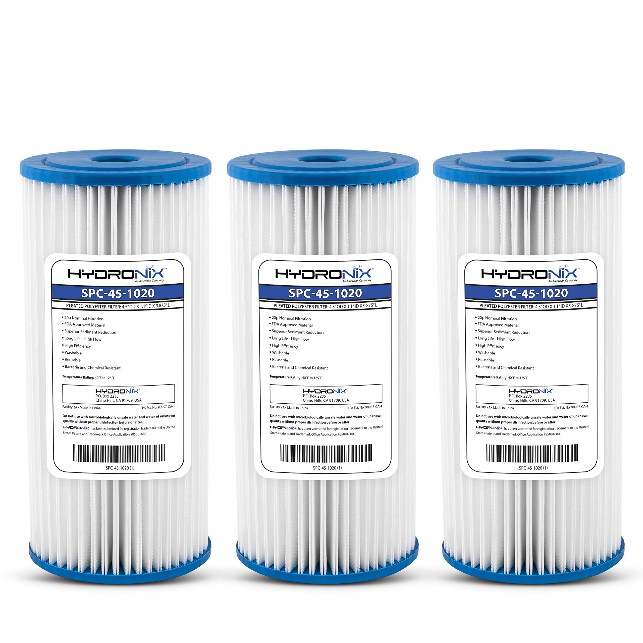 Hydronix HX-SPC-45-1020/3 Universal Whole House Sediment-Filtro de Agua Plisado Lavable, Reutilizable, 4,5 x 10 Pulgadas, 20 micras, 3 Unidades, Blanco