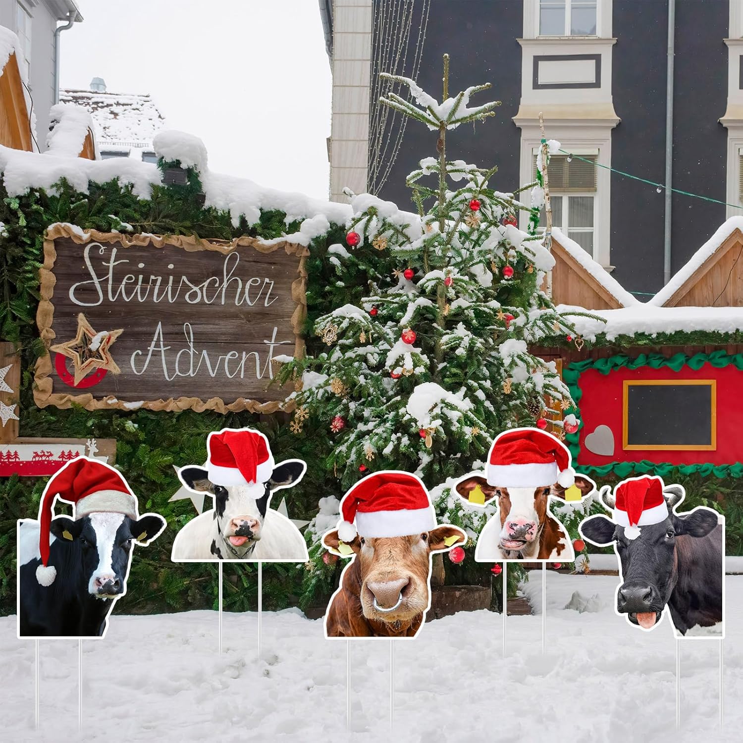 5 Pcs Cow Christmas Yard Signs 15.8 Inch Farmhouse Christmas Yard Stakes Outdoor Decorative Large Cow Xmas Decorations Signs for Farm Garden
