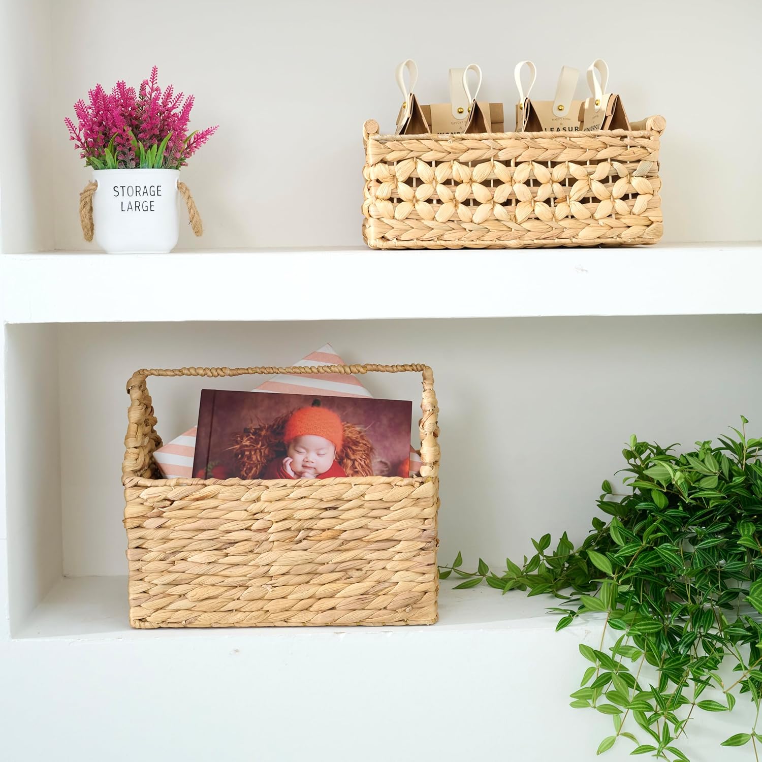 NAYA Water Hyacinth Storage Basket with Handle – Handwoven Wicker Organizer for Shelves, Nursery, Toys & Bathroom, Decorative House Shape Basket (13.7 x 8.2 x 6.7 in)