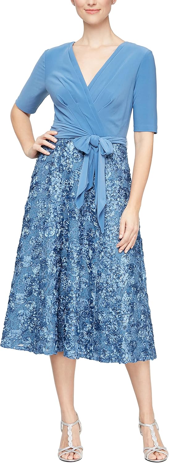Alex Evenings Women's Tea Length Jersey and Rosette Lace Dress (Petite and Regular), Brushed Peri, 10P