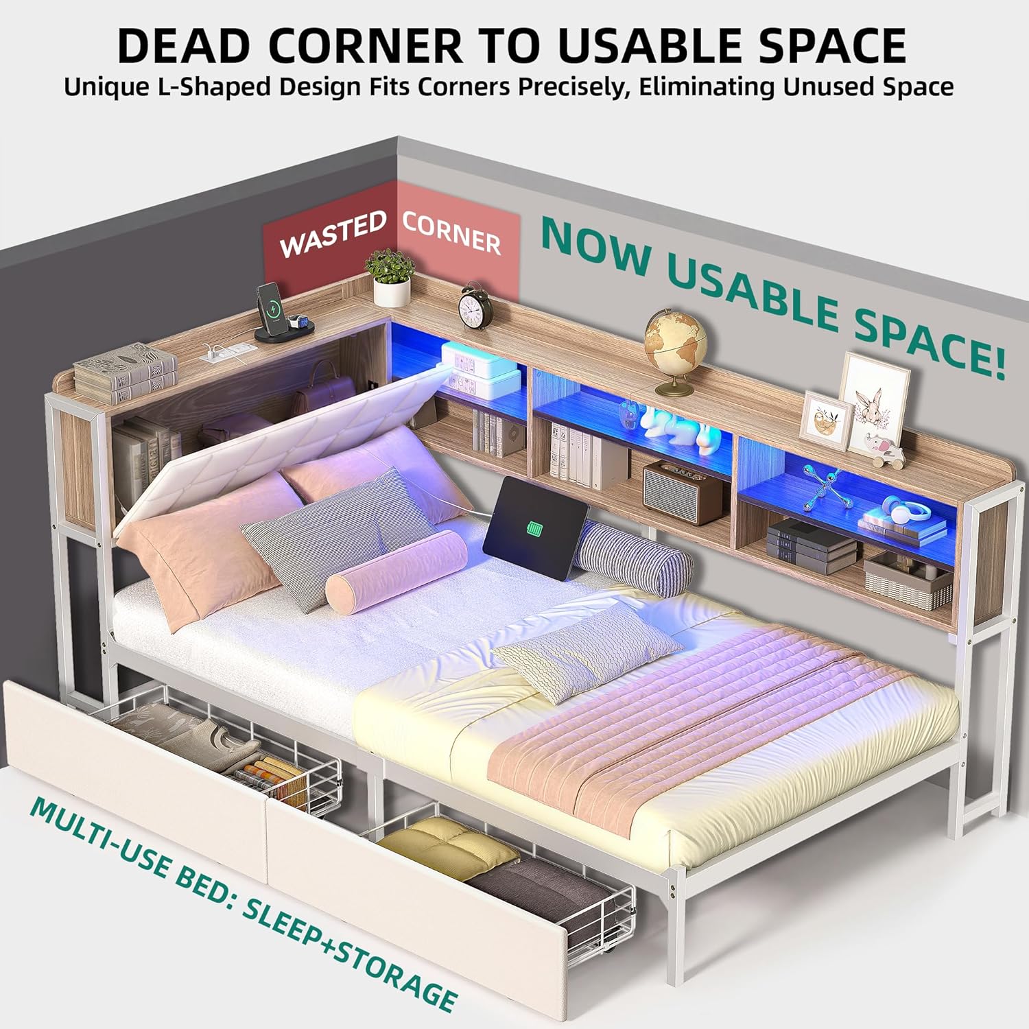 Twin Corner Bed Frame with Storage Drawers and Bookcase & Flip-up Storage Headboard, Twin Size Platform Corner Bed Frame with Charging Station and LED Lights, Twin Daybed for Dorm or Guests, Beige