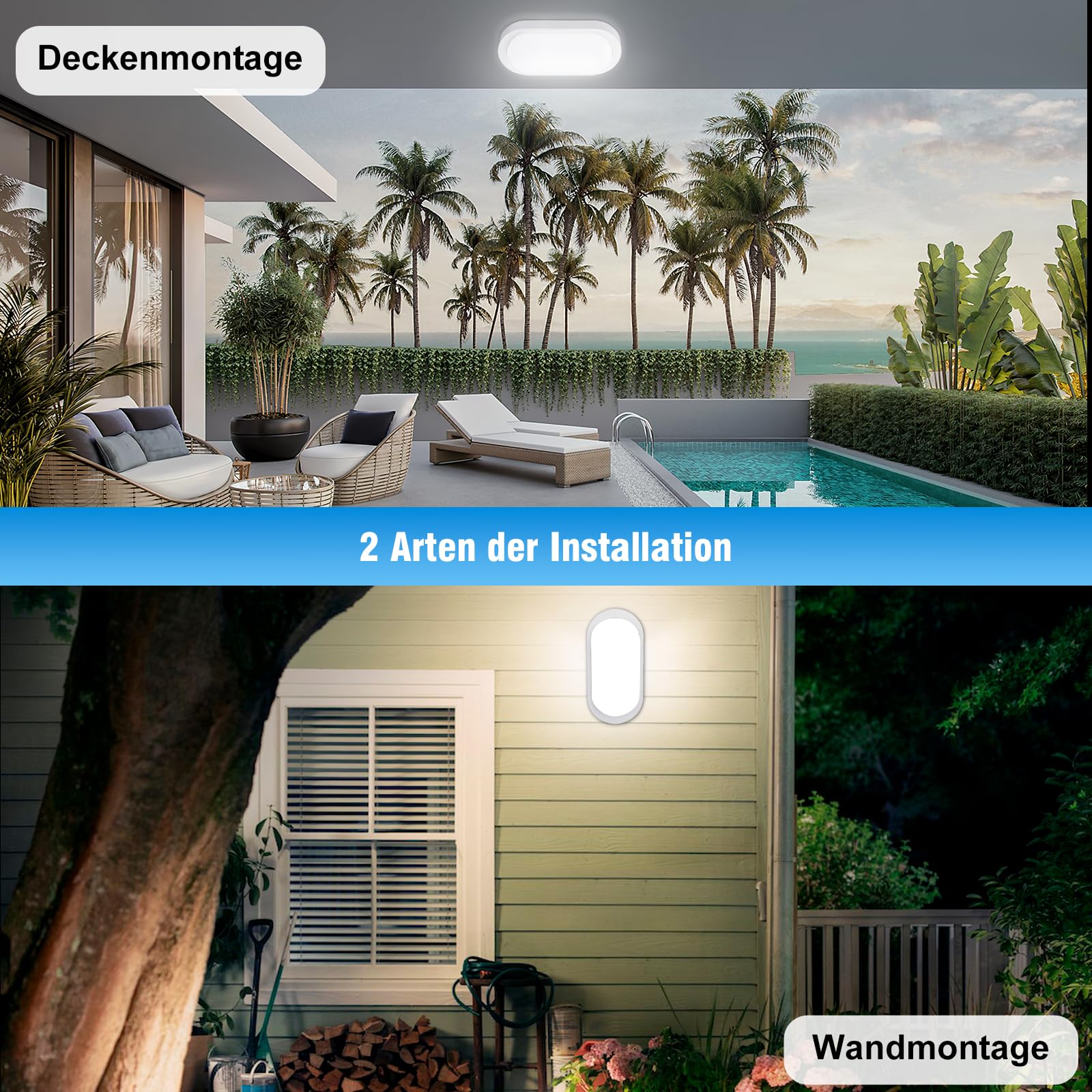 3 Stücke Wandlampe mit Bewegungsmelder, IP65 Kellerleuchte mit Dämmerungssensor, 12W Feuchtraumleuchte, 1080LM LED Deckenleuchte, 4000K Lampe Oval für Keller, Flur, Garage, Balkon