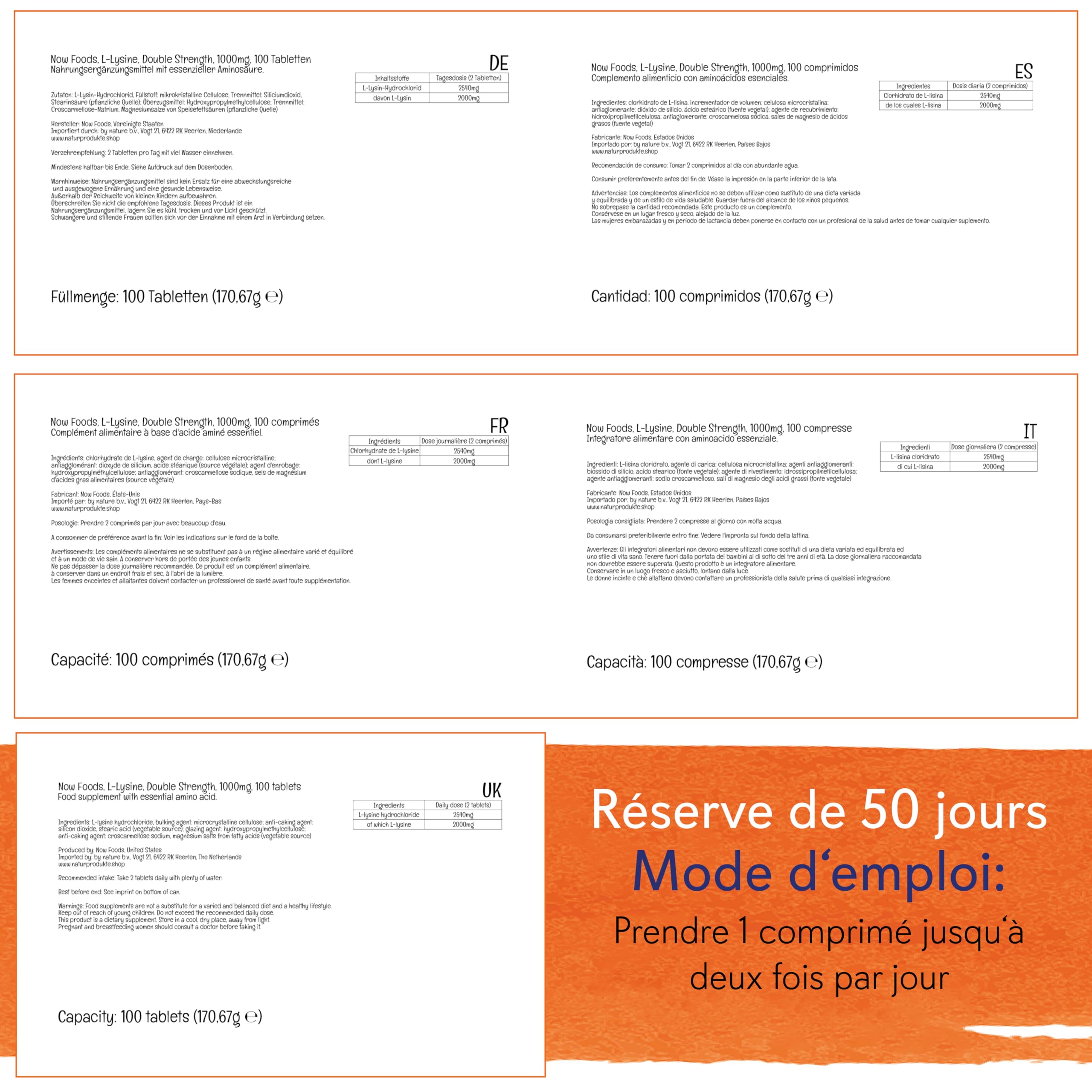 Now Foods, L-Lysine, Double Force, 1.000 mg, 100 Comprimés végétaliens, Testé en Laboratoire, Acide Aminé, Sans Gluten, Sans Aoja, Végétarien
