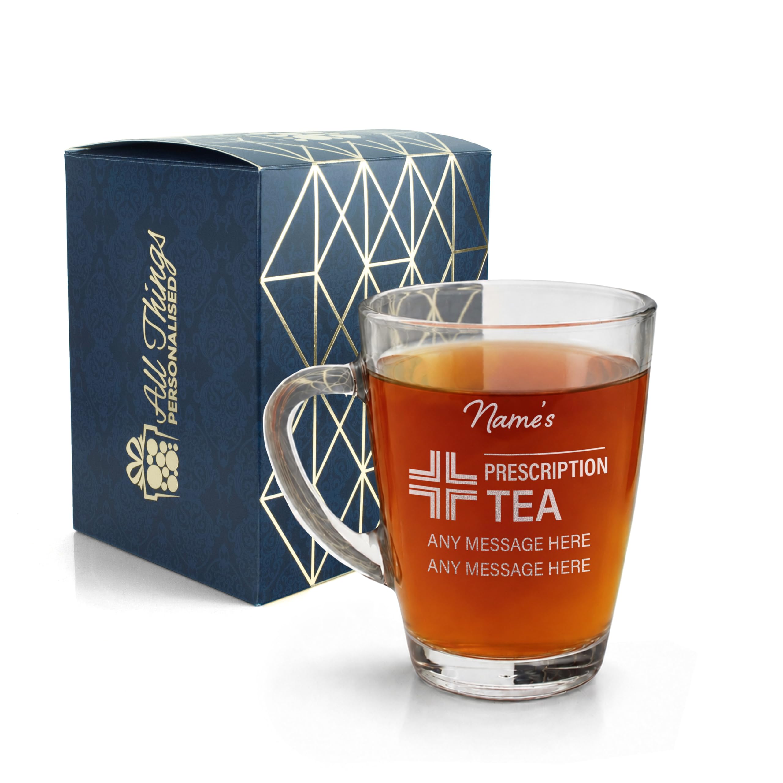 Engraved Tea Cup, Personalised Prescription for Tea Design, 300ml or 10.5oz Capacity, Glass Tea Cup, Gift Boxed, Funny Gift