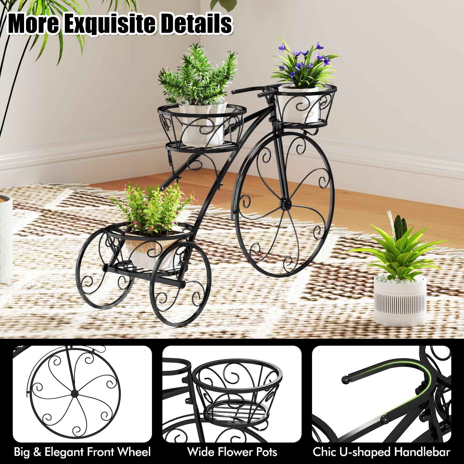 HOMASIS Support de Fleurs en Forme de Vélo, Échelle de Plantes en Métal avec 3 Niveaux, Jardinière pour Plantes, Style Vintage pour Jardin, Balcon, Bureau, Étagèrer, 85 x 25 x 50 cm, Noir