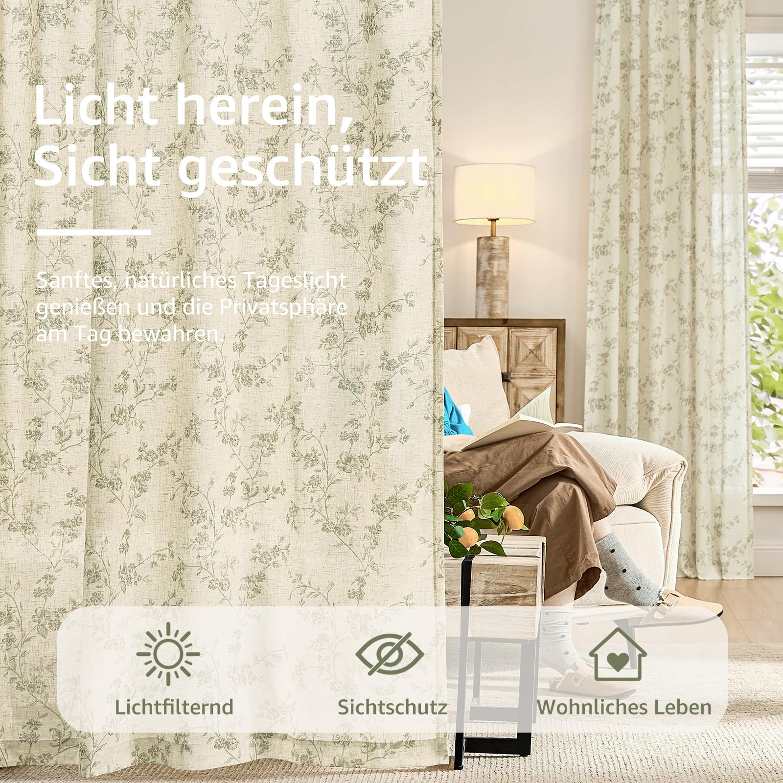 TOPICK Tende interni traslucide verde 2 pezzi 140Lx260A cm effetto lino | Traslucide, compatibili binari, adatte soggiorno e camera da letto, moderne, lavabili, decorazione rustico