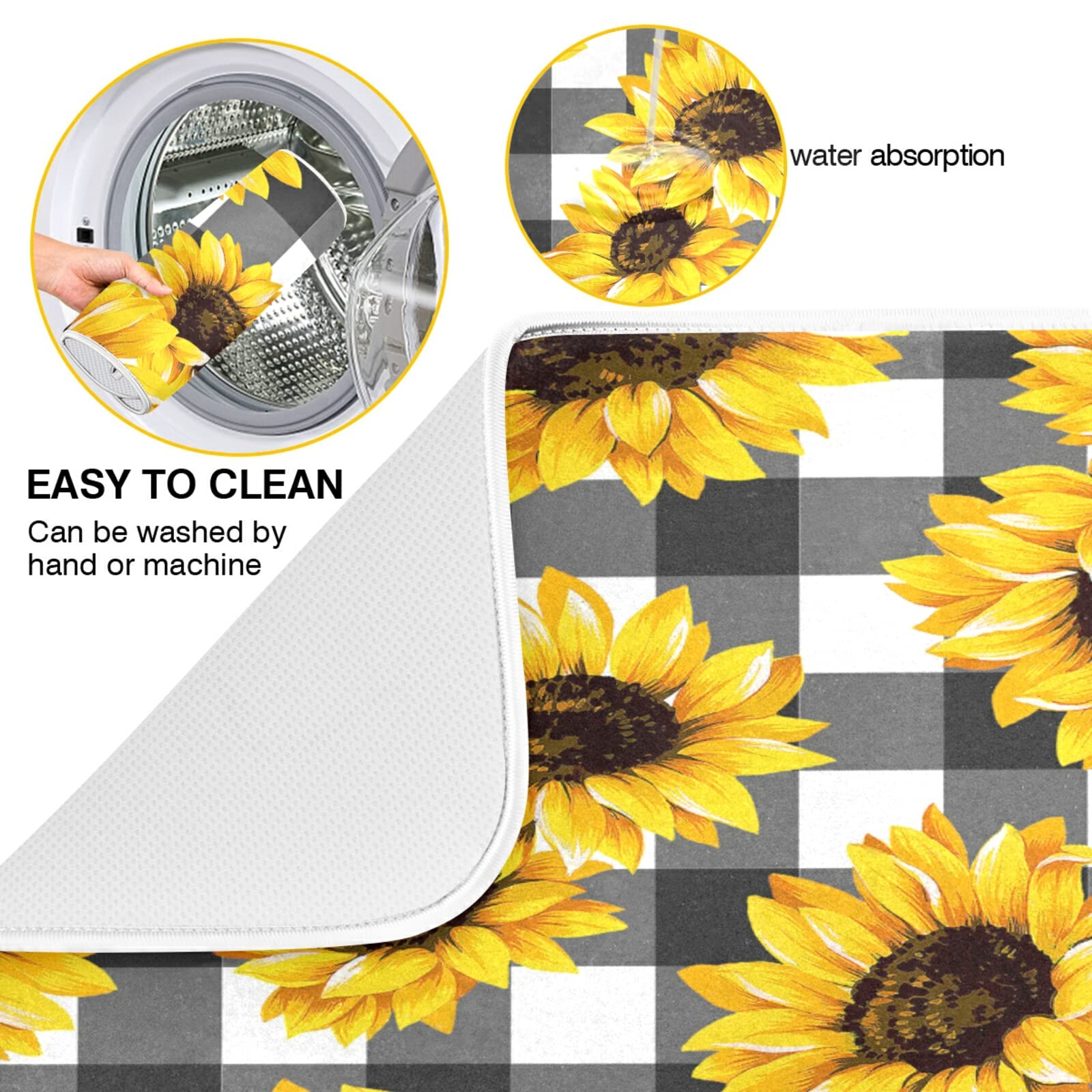 Kcldeci Dish Drying Mats for Kitchen, Buffalo Check Plaid Absorbent Microfiber Drying Mat, Black White Sunflower Rustic Farmhouse Dishes Drainer Pads 16x18 inch