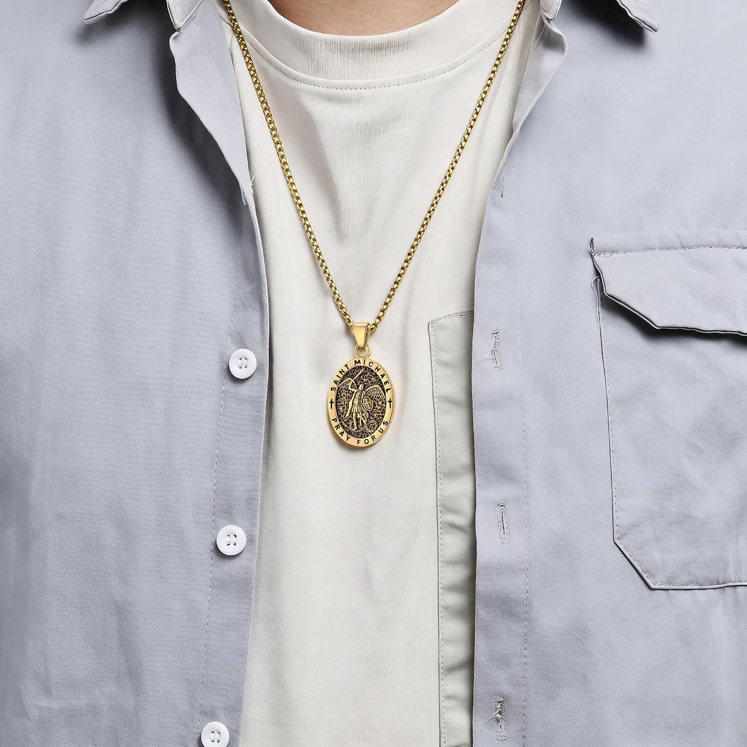 Men Saint Michael Necklace,Stainless Steel Black/Silver/Gold Archangel Pendant Necklace Amulet Medal Jewelry,60cm Rolo Chain