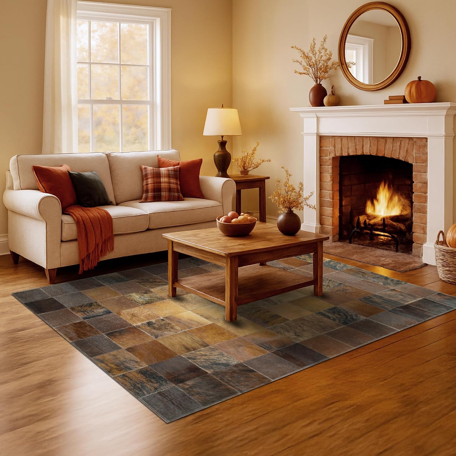 Couristan Chalet Tile Handmade Cowhide Rug - 8' x 11'4" Brown Fall Rugs for Living Room, Entryway, Office, Patchwork Design, Durable, Low Pile Home Decor, Leather Area Rug with Felt Backing