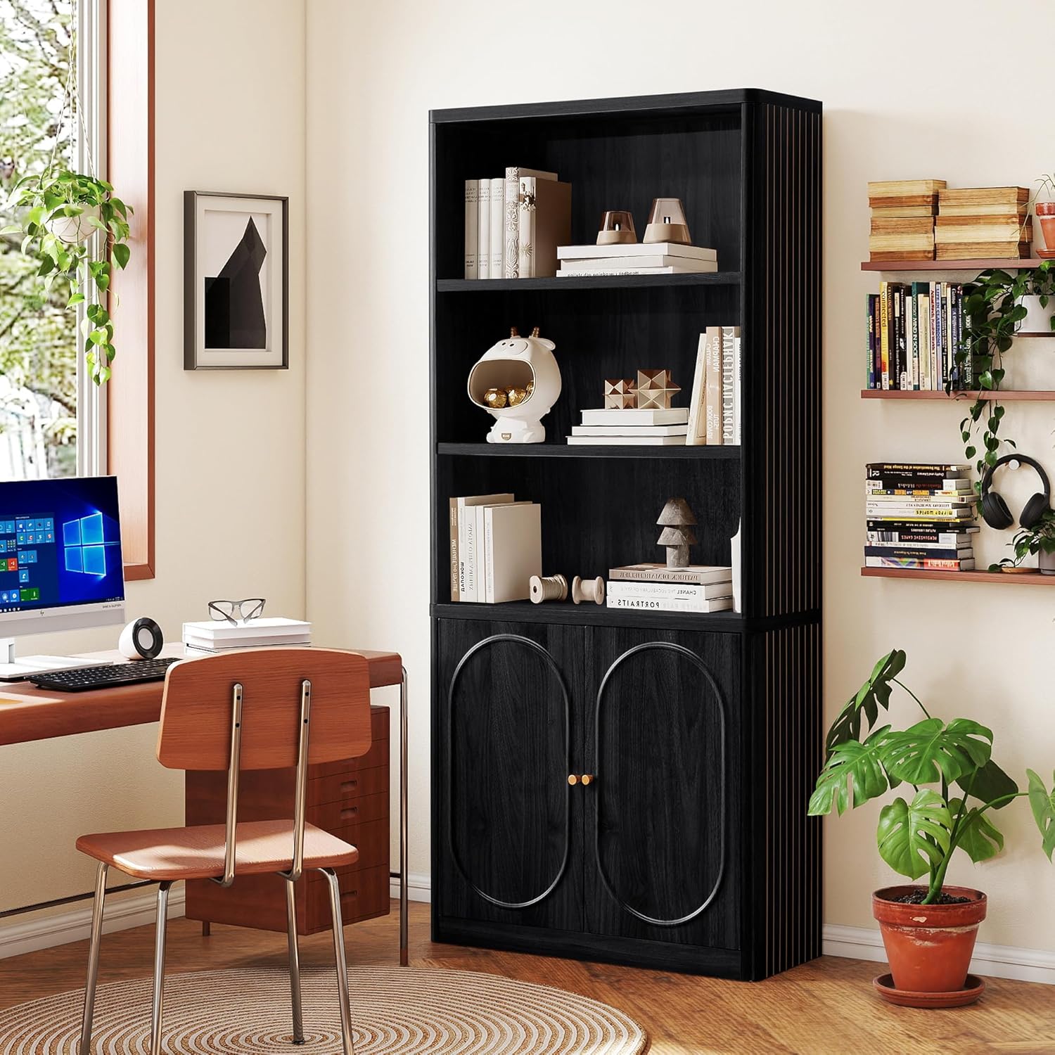 ORRD 70.8" Tall Fluted Bookshelf with Storage Cabinet, Modern 5-Tier Wood Bookcase with Open Display Storage Shelf, Gold Handles for Office Living Room (Black)