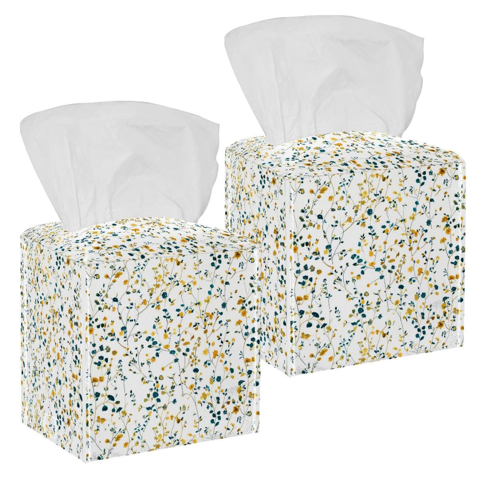 Floral Pretty Tissue Box Cover, 2 Pack PU Leather Square Facial Tissue Dispenser Box holder for Home Office Car