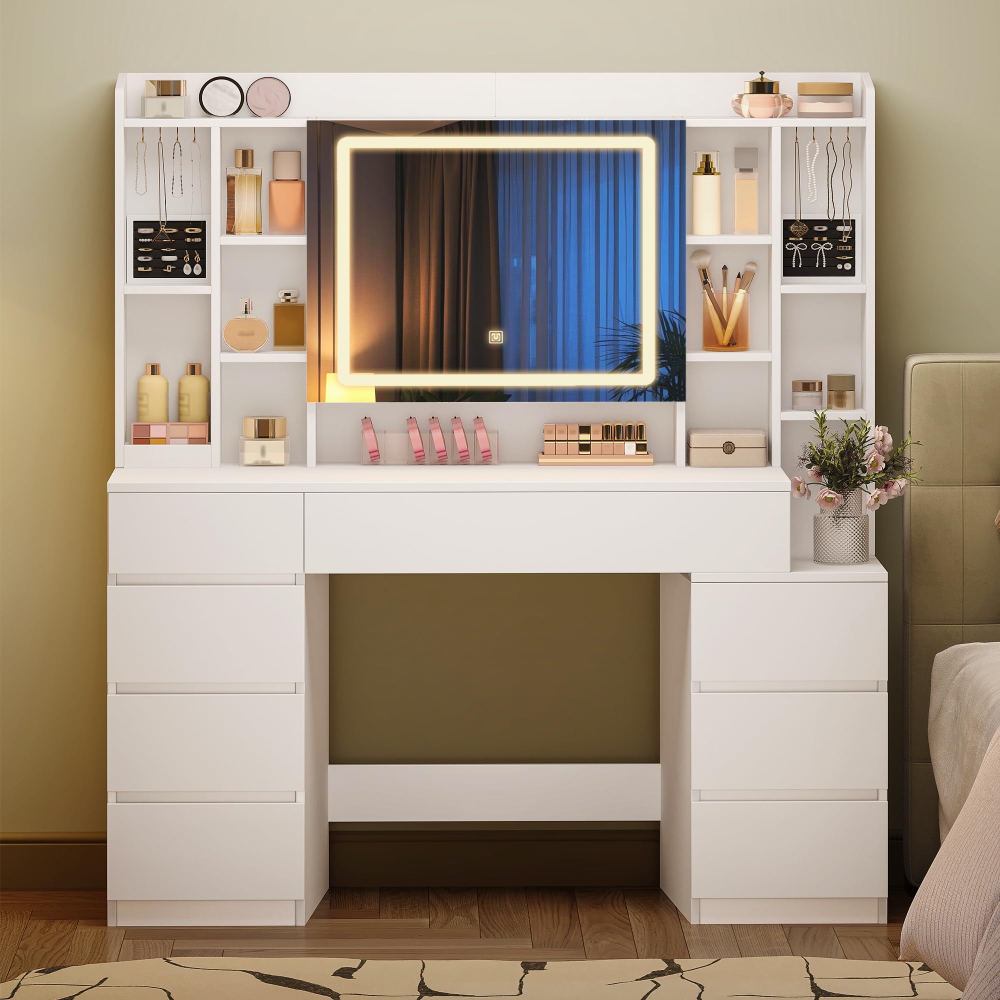 HEXCELEN 120 cm Tocador con Espejo y Luces LED, Mesa de Maquillaje con 8 Cajones y 11 Compartimentos, Brillo Ajustable, Tocador de Maquillaje con Joyero Integrado, 40 × 120 × 141 cm, Blanco
