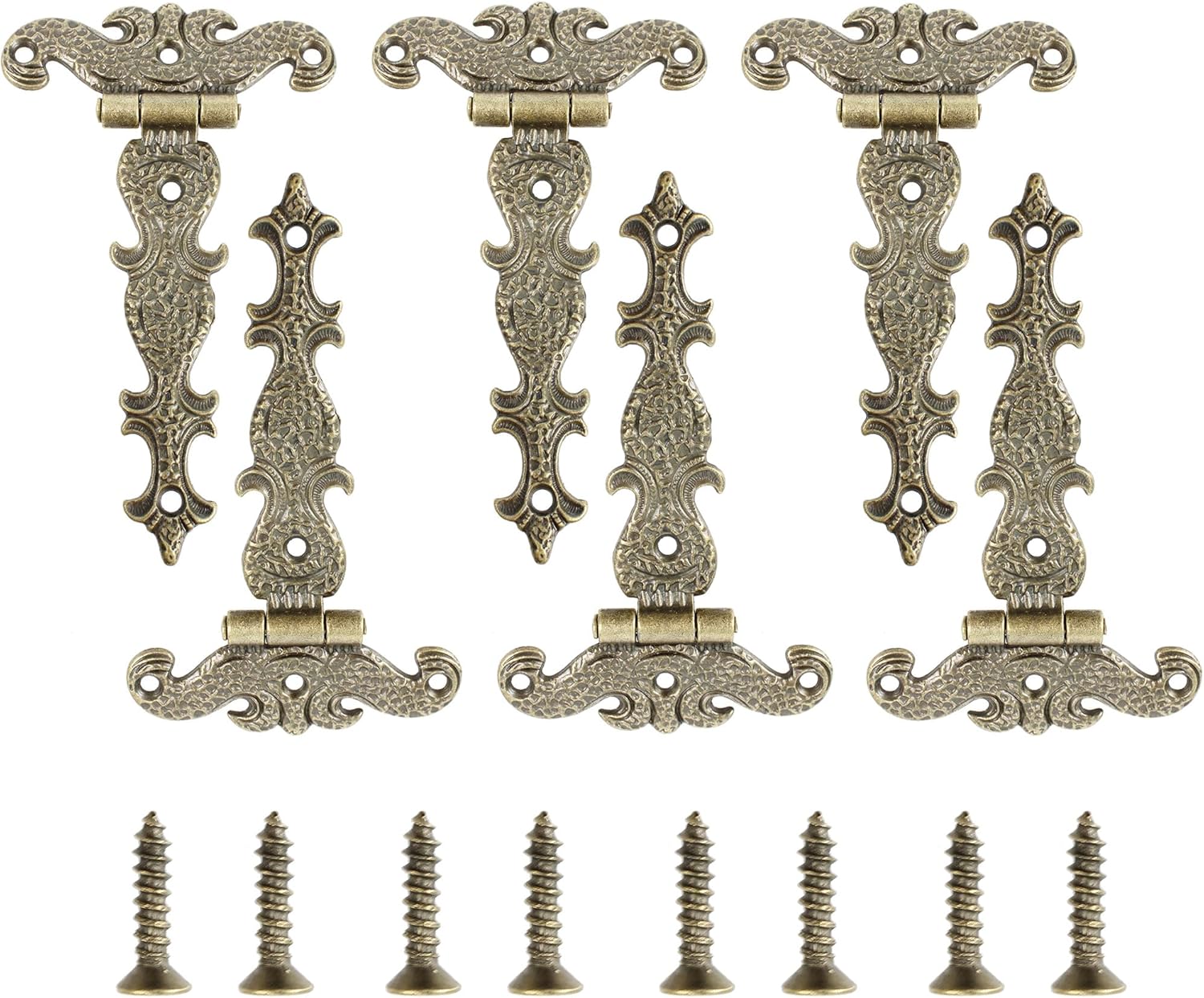 6PCS 4.45" x 2.72" T-Strap Hinges Door Hinge, T Shape Engraving Design Gate Hinge, Vintage Decorative Door Box Hinge, Garden Door Hinges, Antique Bronze