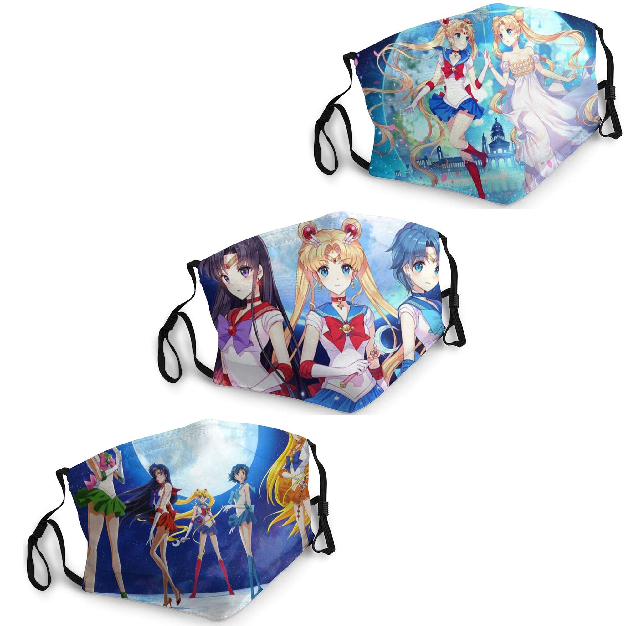 Sailor Moon Face Mask Washable 3PC with 6 Filters Mouth Cover Reusable Men's Women's Balaclava Face Cover
