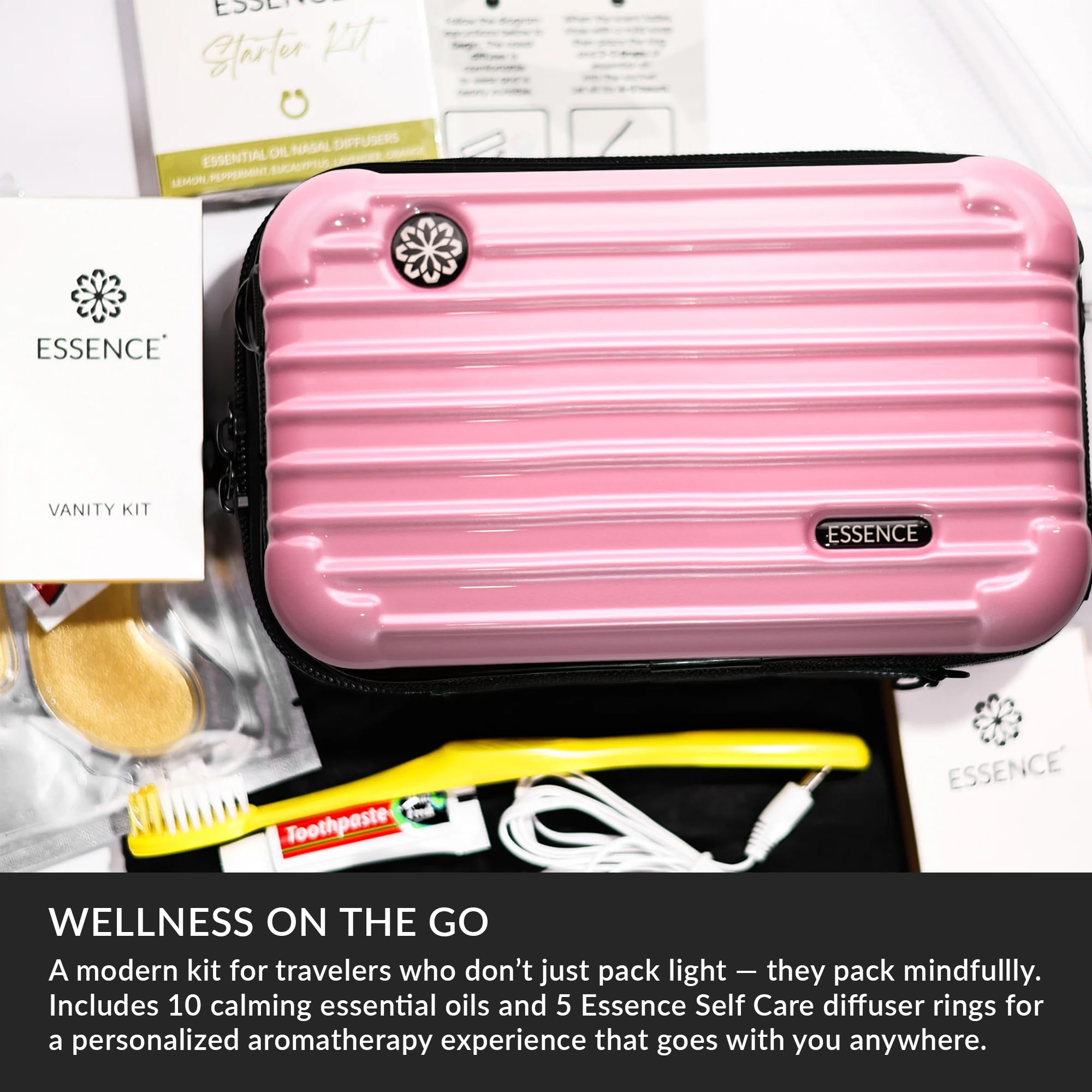 Essence Kit da viaggio | Kit essenziale da viaggio e kit di articoli da toeletta da viaggio | Confezione da 5 anelli diffusori nasali, maschera per dormire, lozione e kit igienico | Kit da toilette da