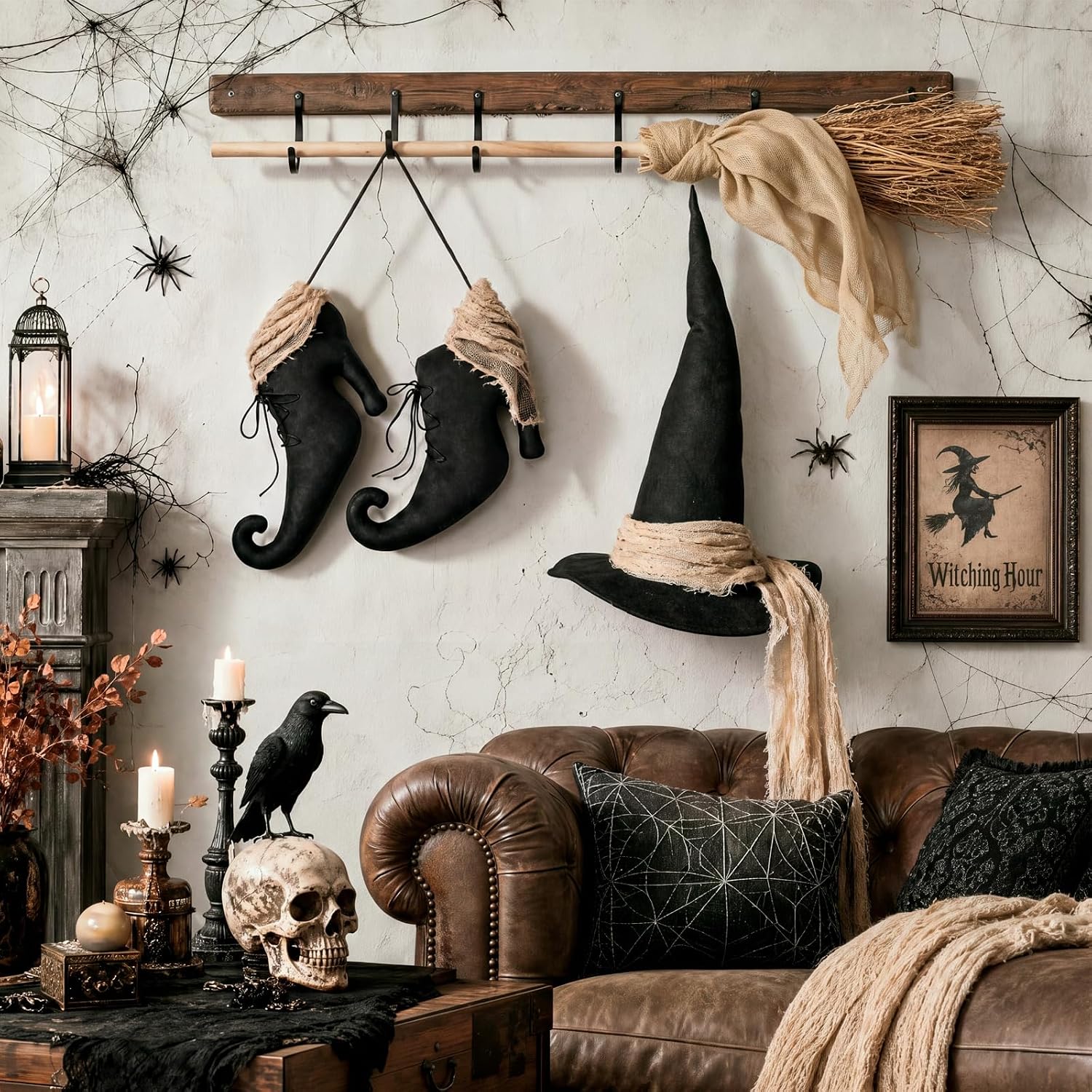 Chicingyou 3 Pcs Vintage Halloween Decor Witch Hat Shoes Wicker Broom image 4