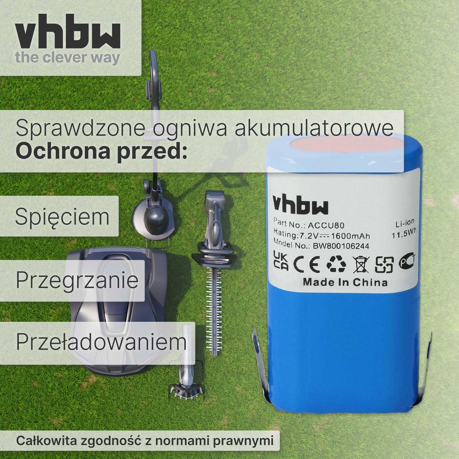 vhbw Bateria kompatybilna z Gardena Accu80 8824 nożyce do żywopłotu, nożyce elektryczne (1600mAh, 7,2V, Li-ION)