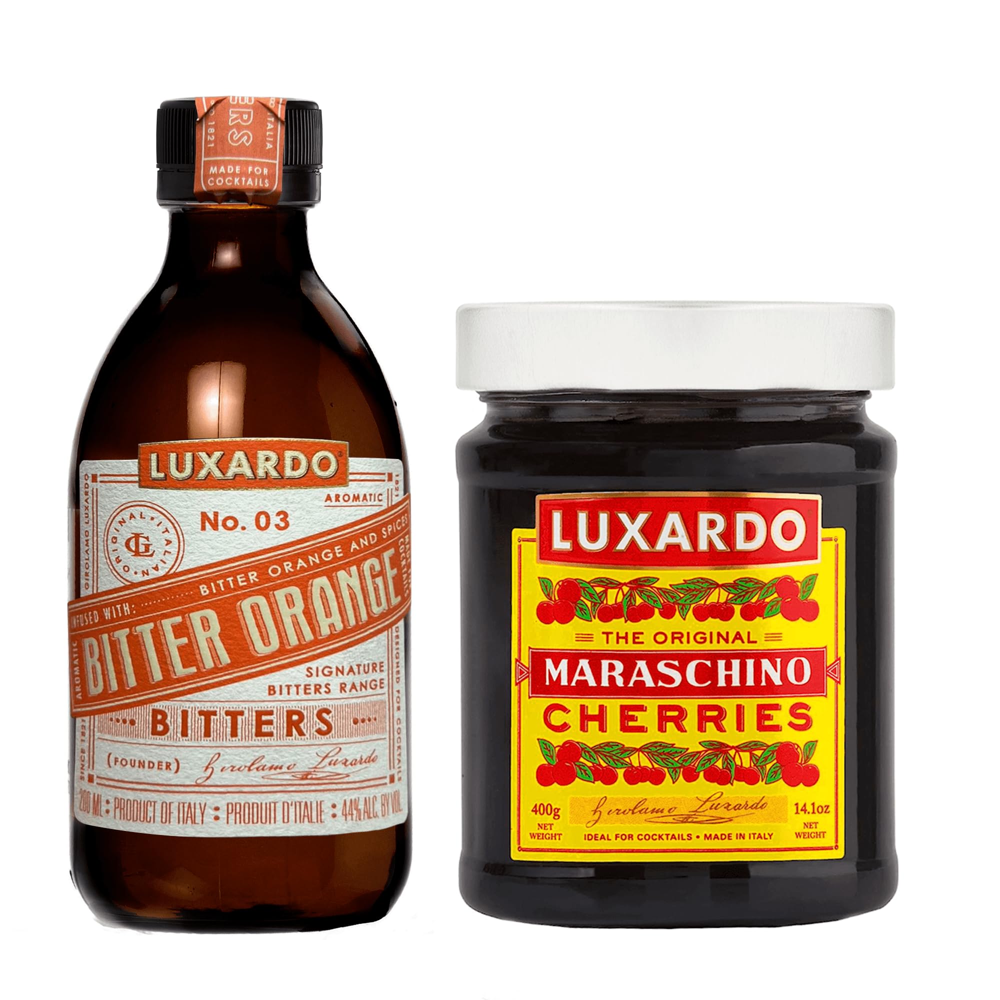 Luxardo Maraschino Cherry 400g & Bitter Orange Aromatic Bitters 200mL Variety Pack | Premium Cocktail Bitters Set for Classics & Craft Drinks