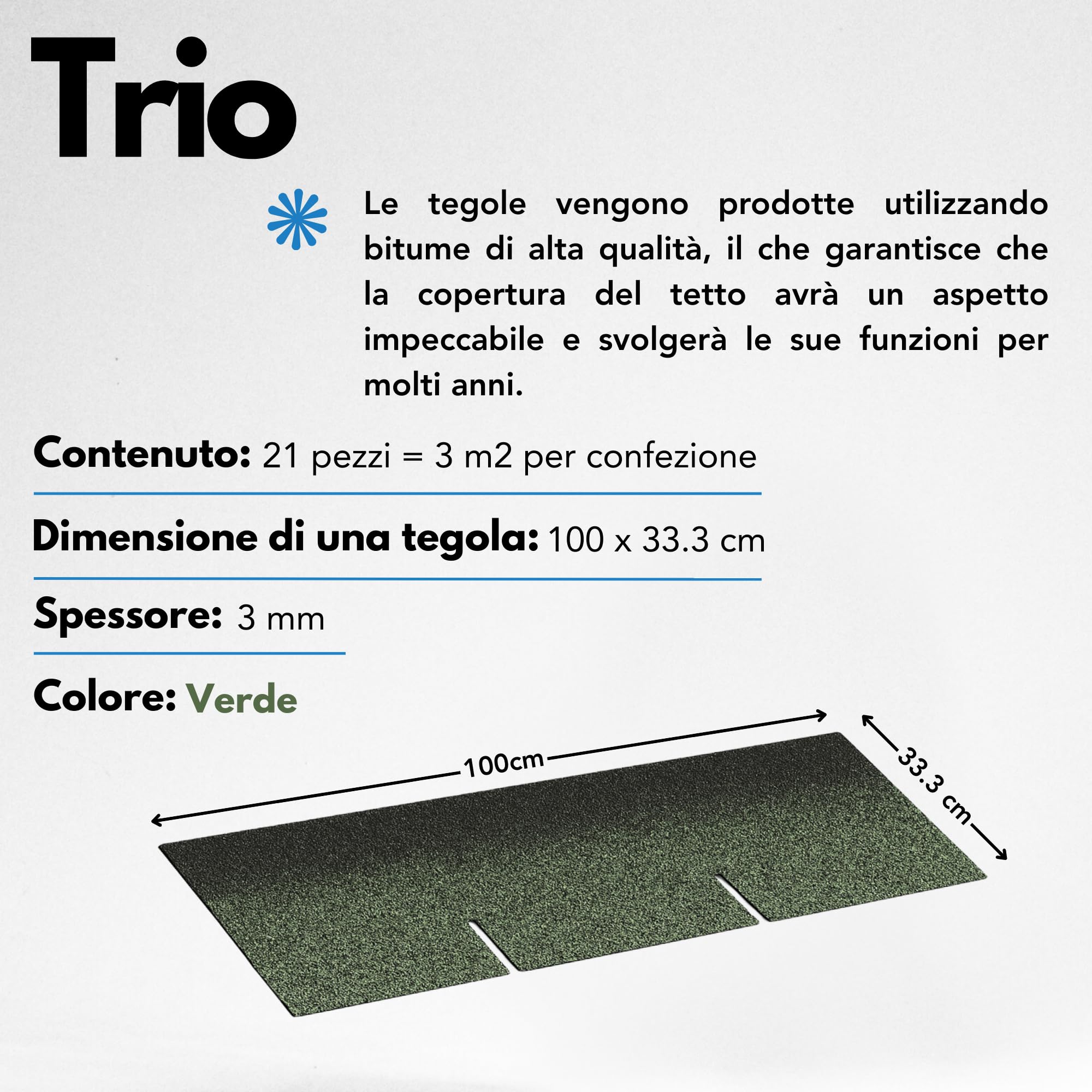 Tegole bituminose TRIO T-GREEN, copertura bituminosa di colore verde