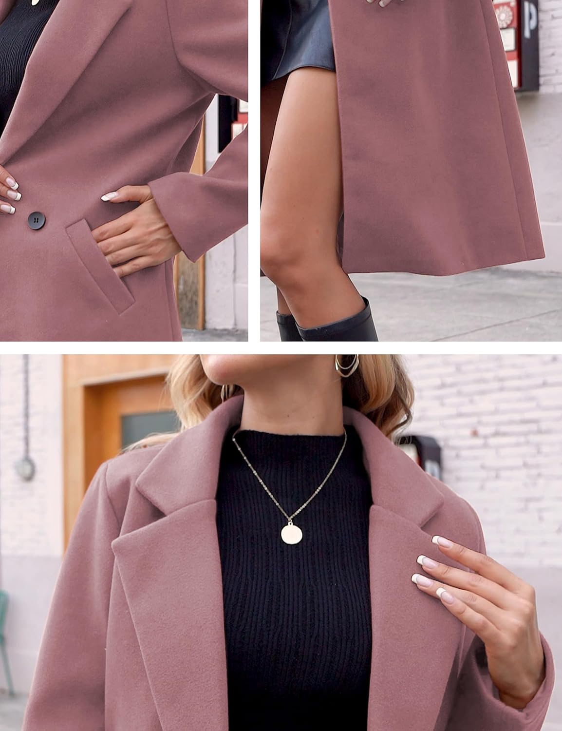 Hooever Women’s Winter Wool Coat Casual Notch Lapel Single-Breasted Peacoat