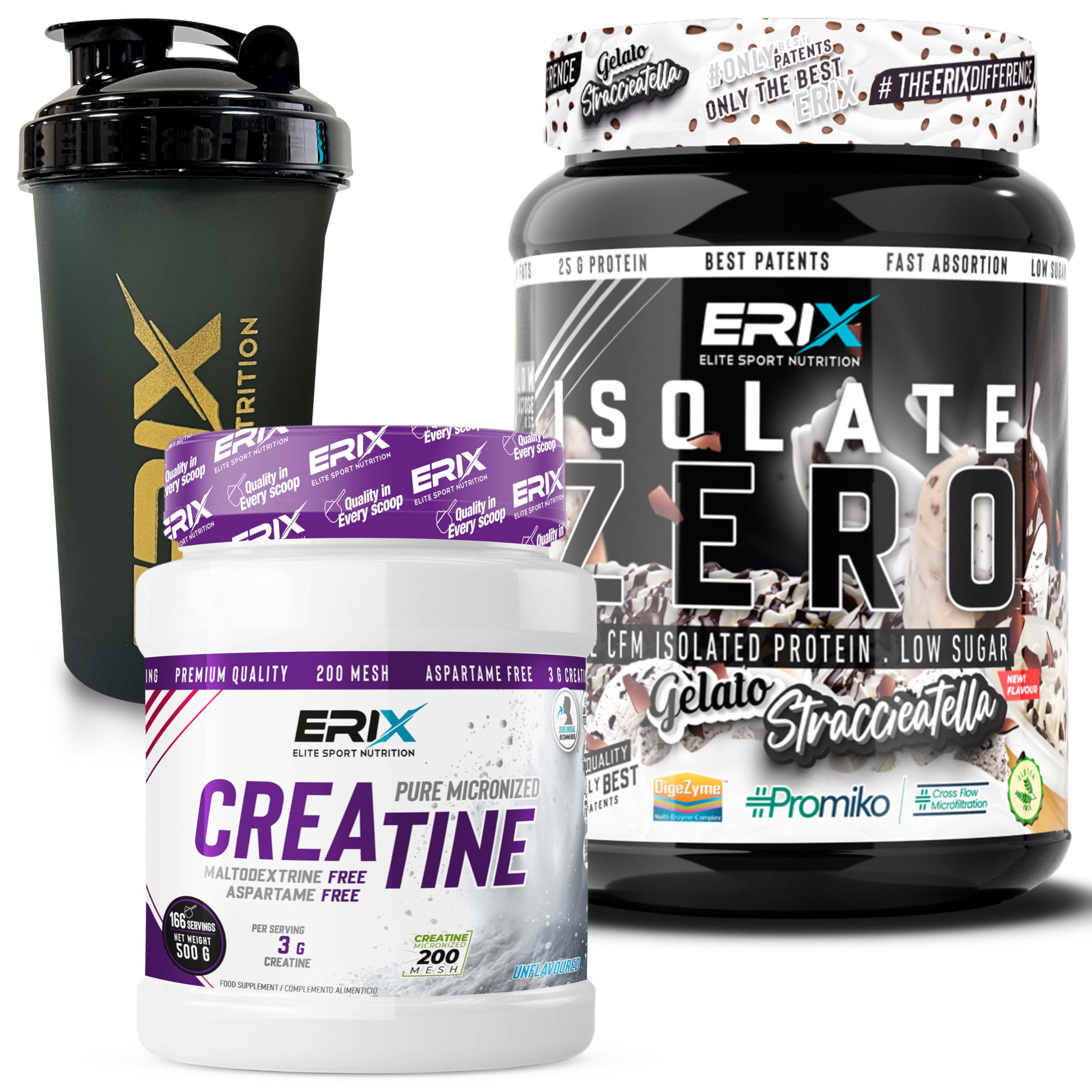 ERIX Nutrición ISO Zero 900g + Creatina Monohidrato 500g Neutra + Shaker Negro, Proteína Aislada de Suero CFM, Alta Pureza, Bajo en Grasa y Lactosa para Rendimiento Muscular (Straciatella)