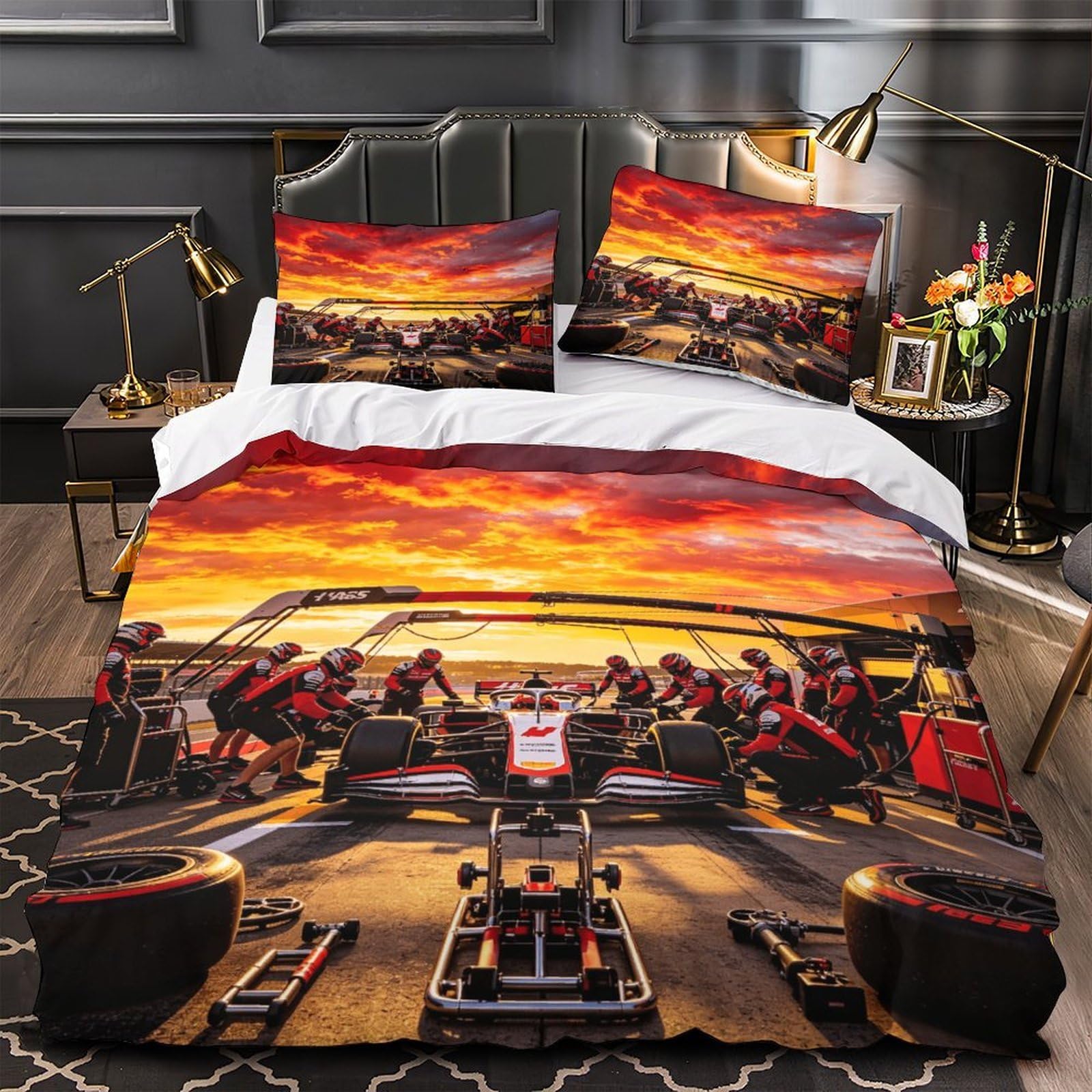 3U6C4M9K Formulaa Racing Bedding Set Double（200x200cm） Pit Stop Duvet Cover Set with Pillowcases, Soft Microfiber Comforter Cover for Boys, Girls, Adults