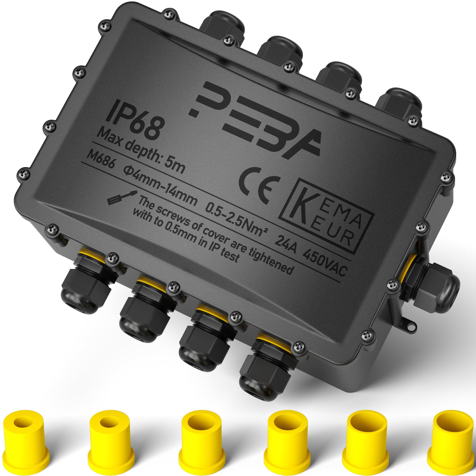 PEBA Abzweigdose IP68, Erdkabel Klemmdose Verbindungsdose, Übergroße 9 Wege Junction Box, Klemmkasten, Wasserdichte Kabelverbinder, Aufputz Verteilerdose Außen Wasserdicht, für 4-14 mm Kabel, Schwarz